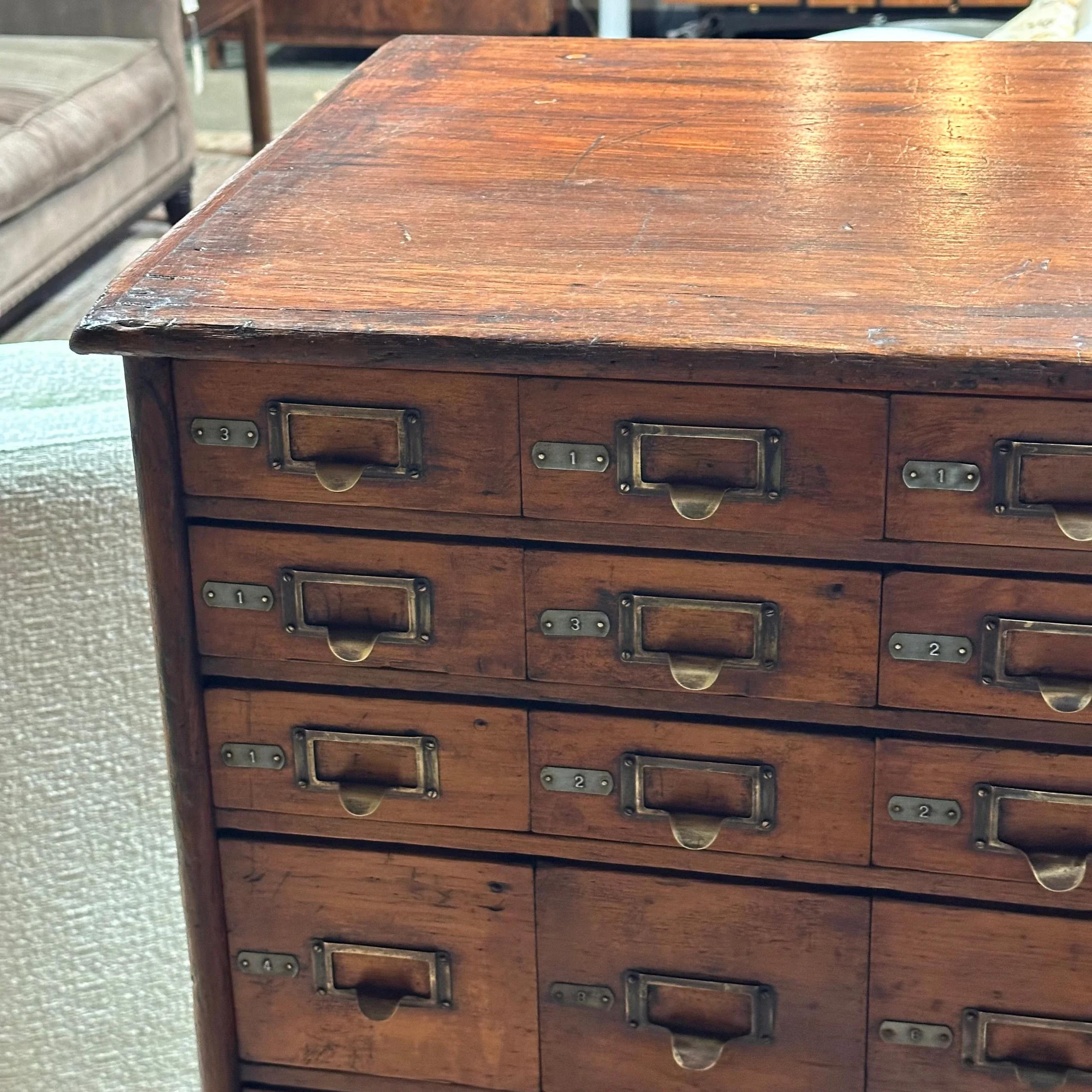 Brass Antique Oak Double-Sided File or Parts Cabinet on Casters