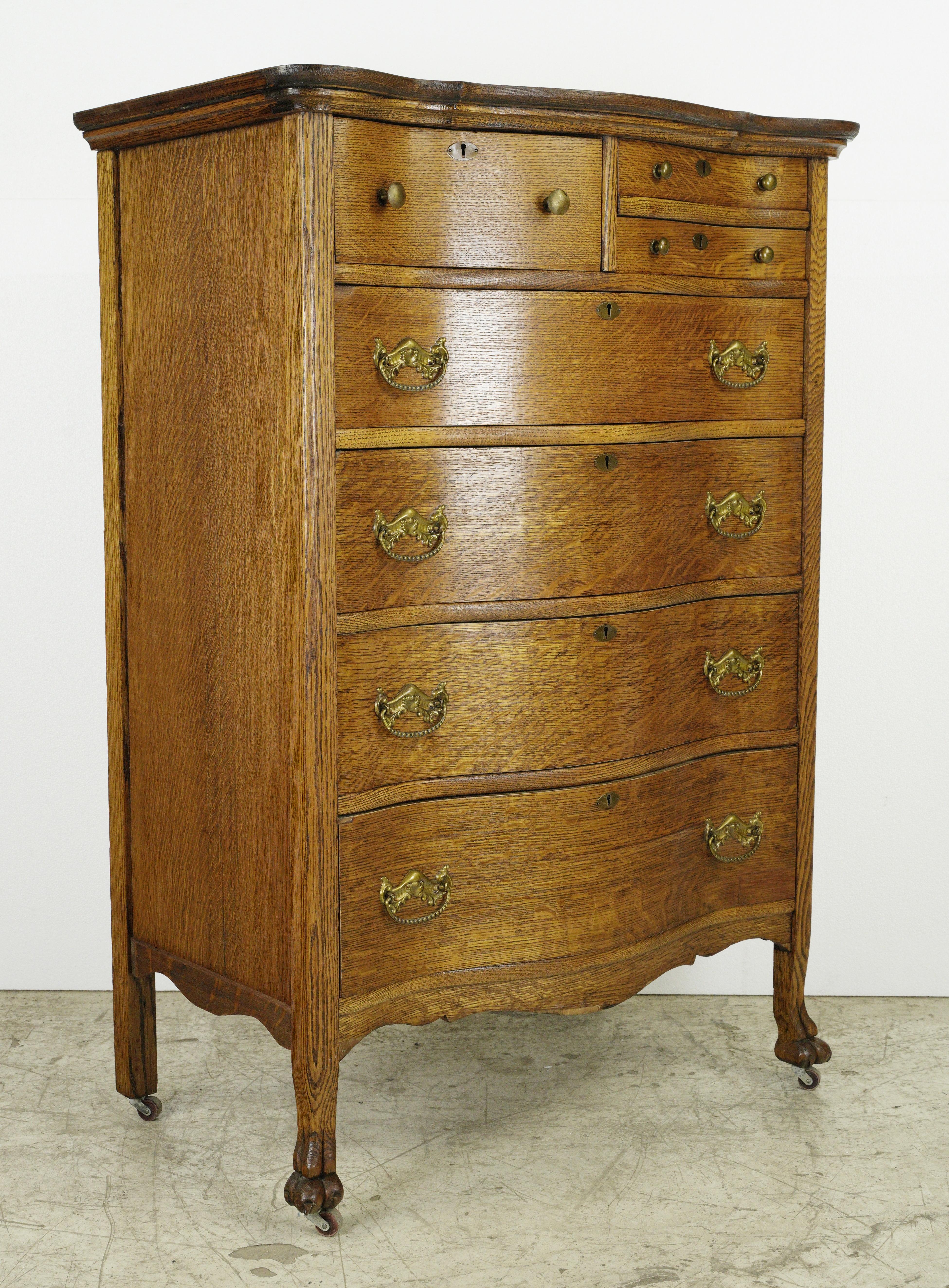 Antique Oak Dresser w 7 Dovetailed Drawers + Casters For Sale 1