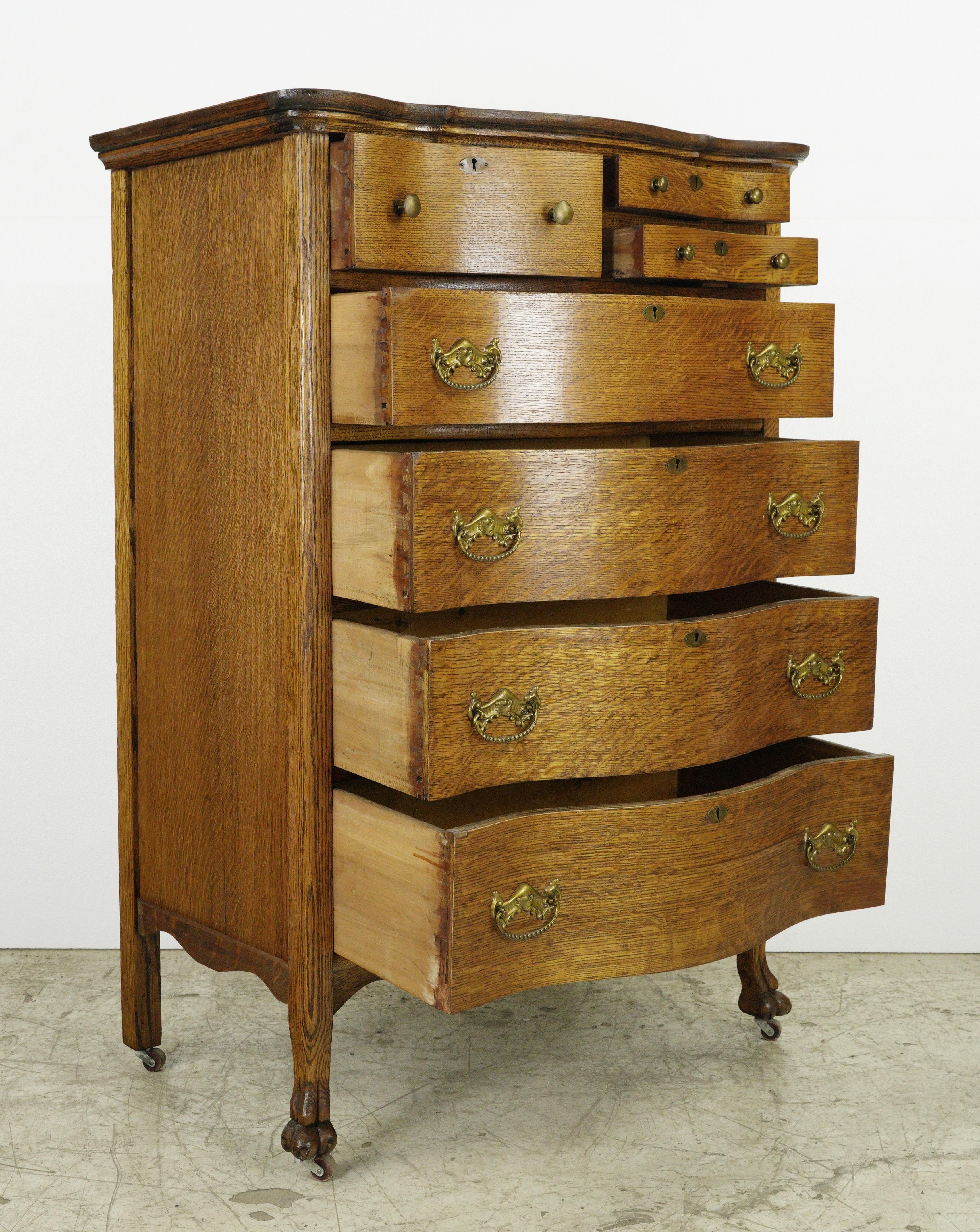 Antique Oak Dresser w 7 Dovetailed Drawers + Casters For Sale 2
