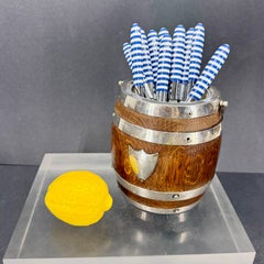 Antique Oak English Biscuit Barrel Bucket Utensil Holder, Silver Plate