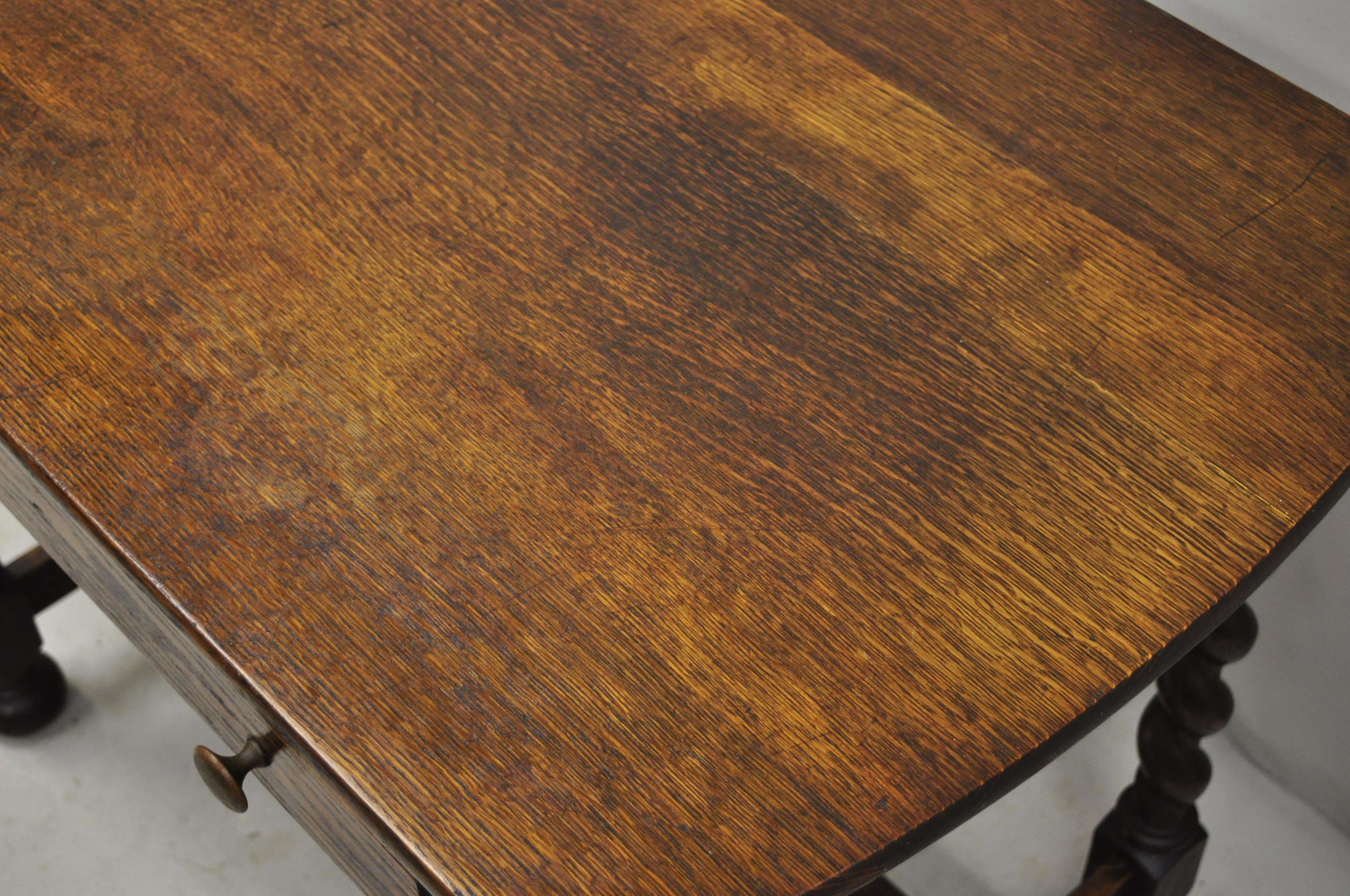 Antique Oak English Jacobean Spiral Barley Twist Table Desk with One Drawer 1