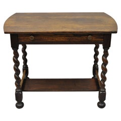 Antique Oak English Jacobean Spiral Barley Twist Table Desk with One Drawer