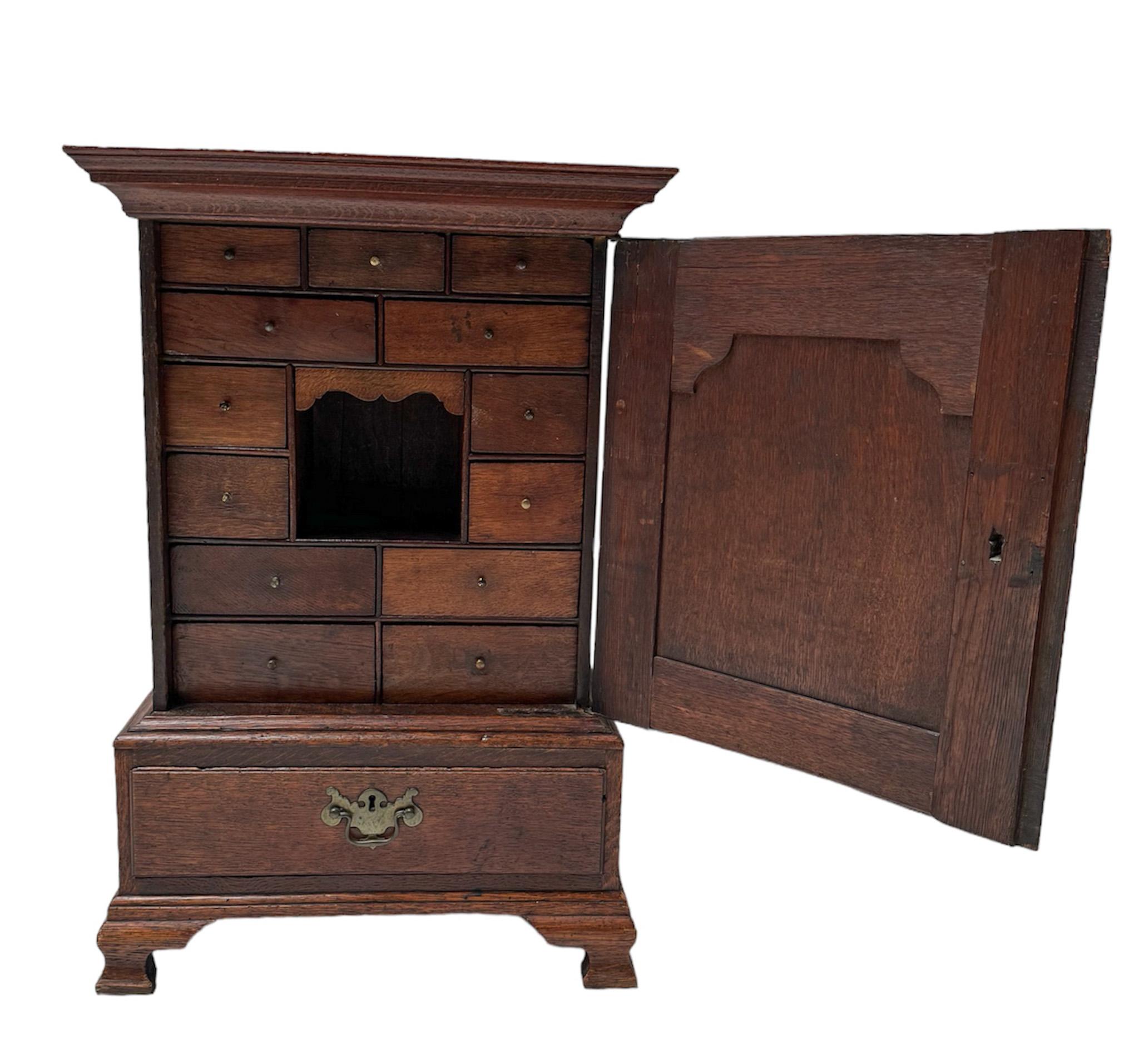 Mid-19th Century Antique Oak English Miniature Art Cabinet with Fourteen Inner Drawers, 1840s For Sale