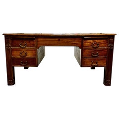Antique Oak English Partners Desk with 14 Drawers