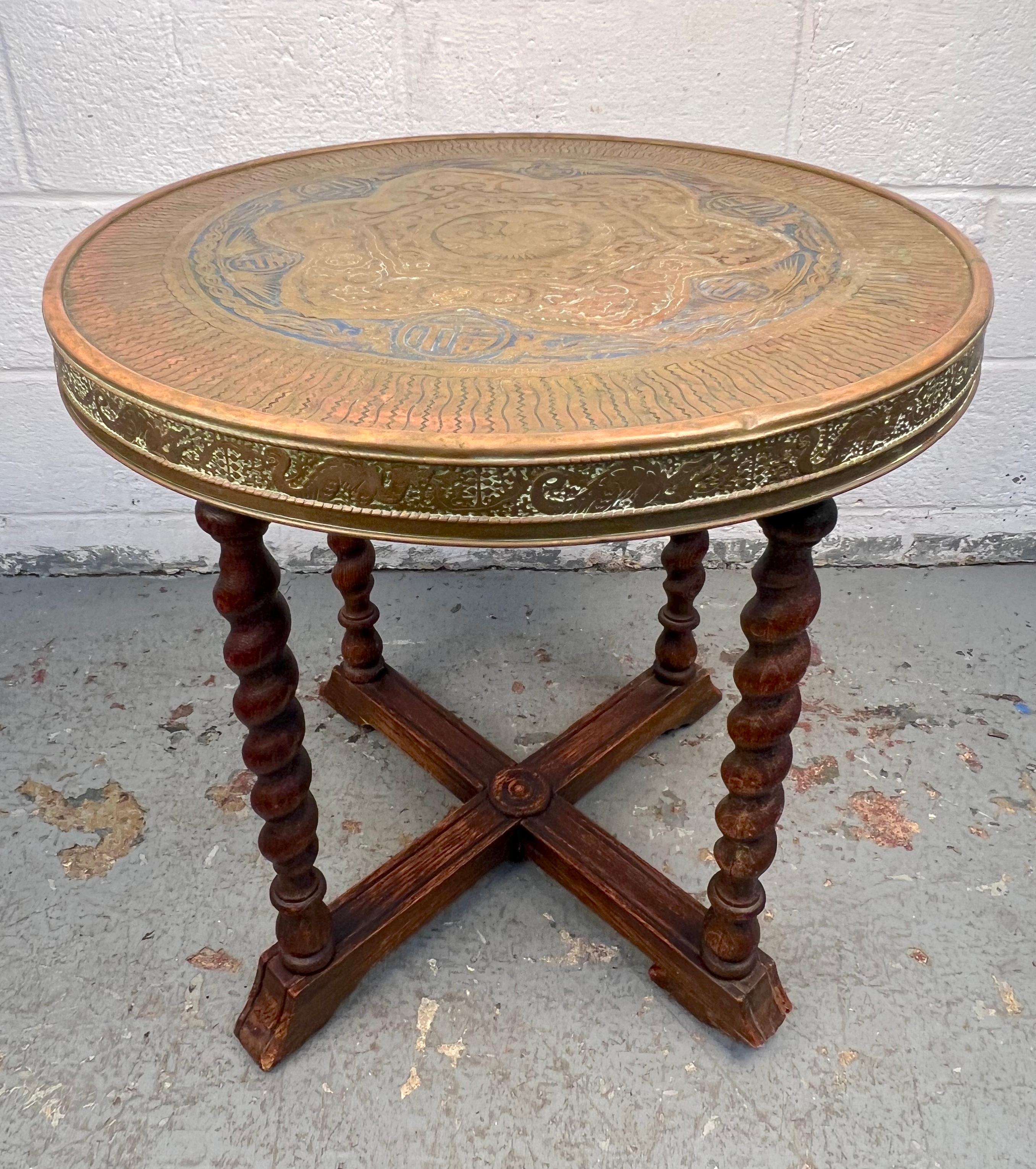 American Antique Oak Engraved Brass Side Table by Ferguson For Sale