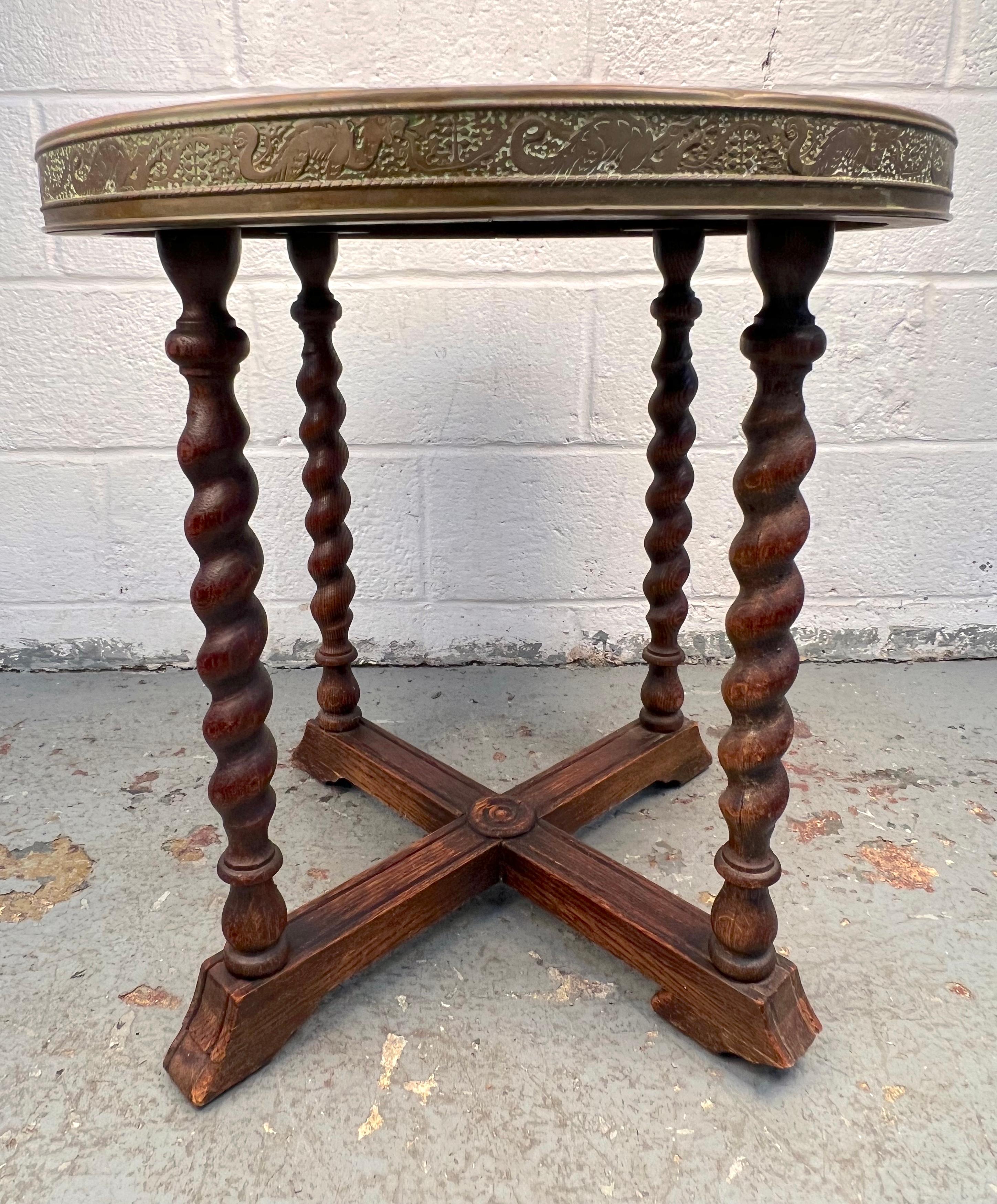 Antique Oak Engraved Brass Side Table by Ferguson In Good Condition For Sale In Brooklyn, NY
