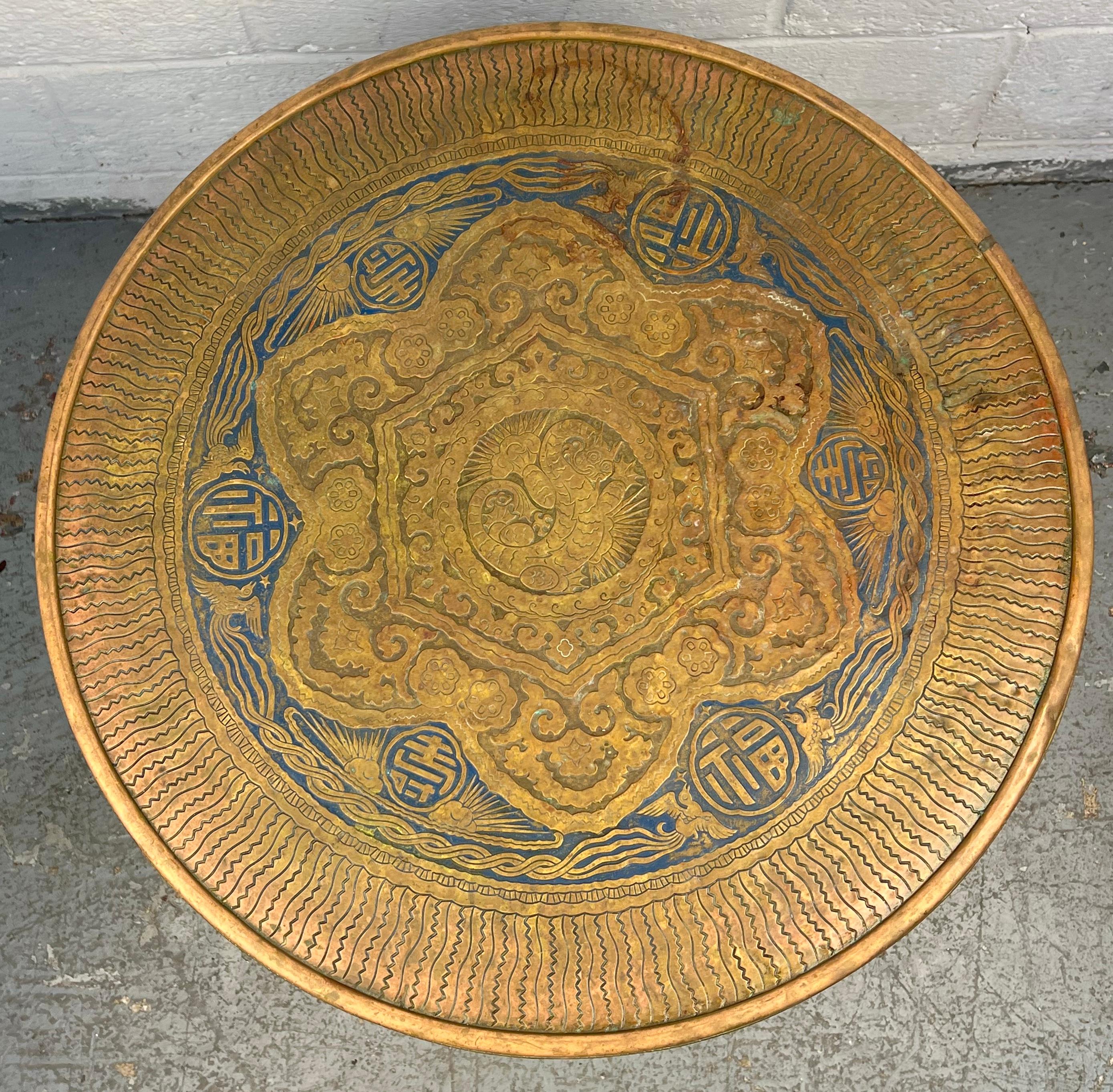 20th Century Antique Oak Engraved Brass Side Table by Ferguson For Sale