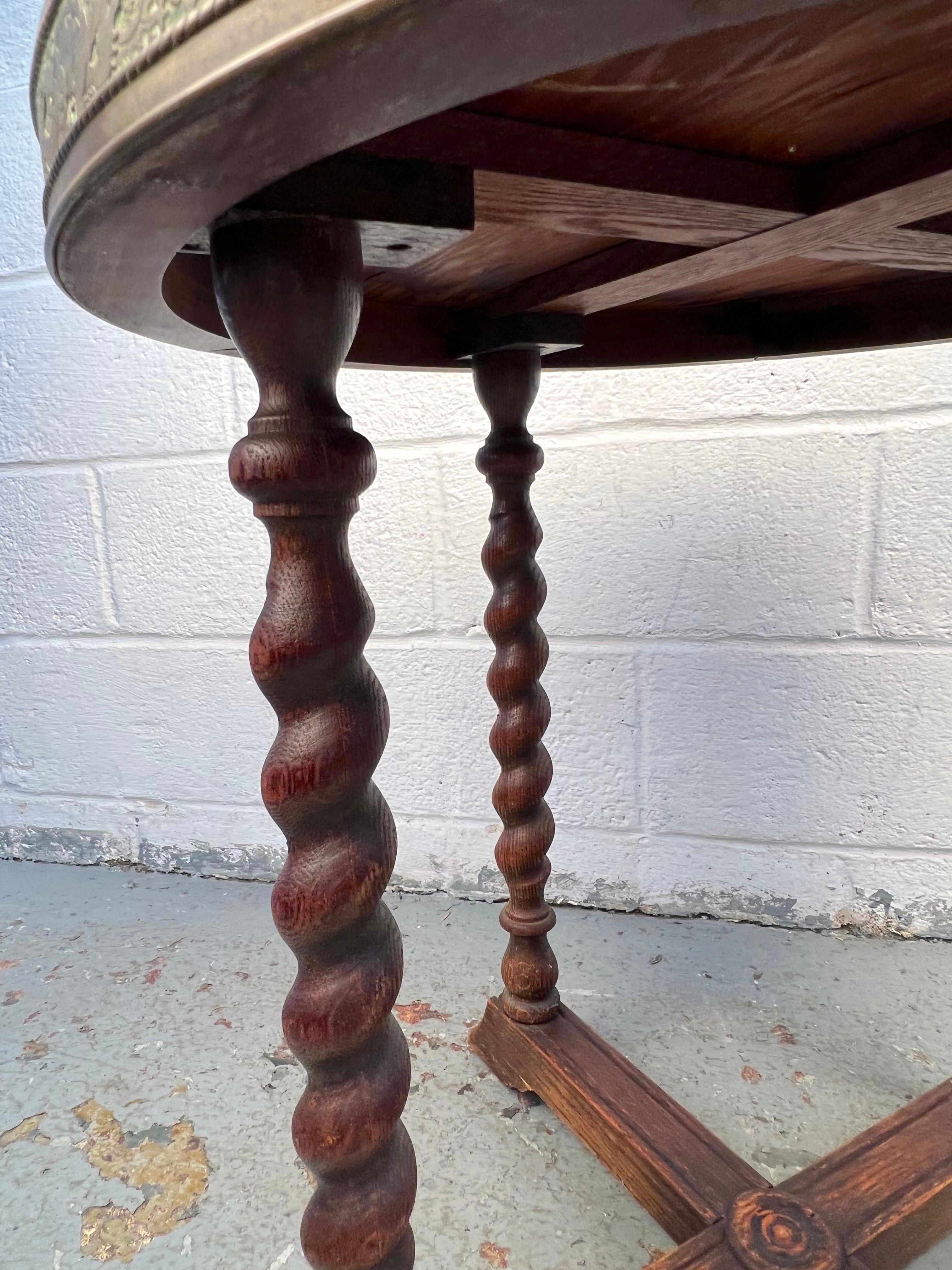 Antique Oak Engraved Brass Side Table by Ferguson For Sale 3