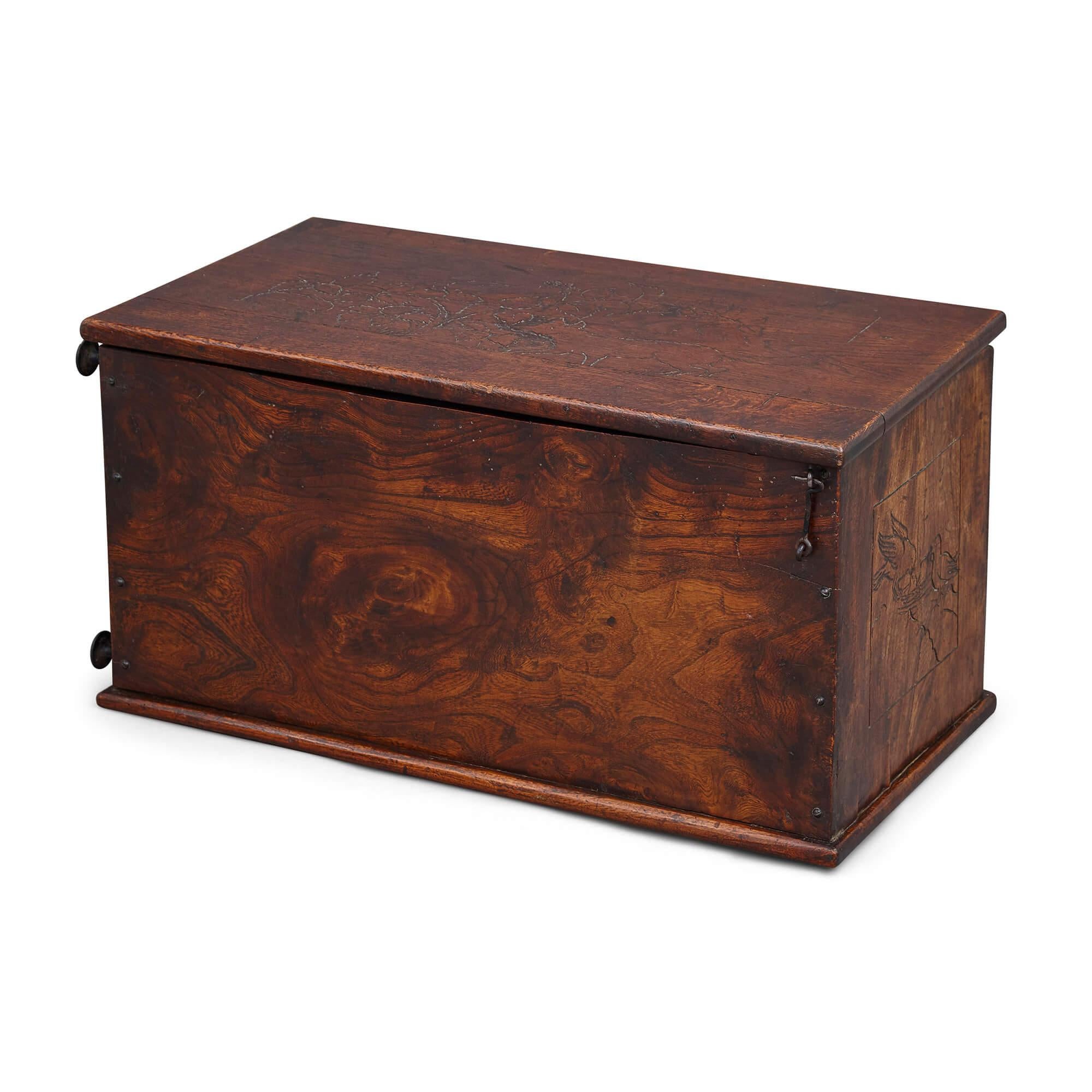 English Antique Oak Engraved Chest For Sale