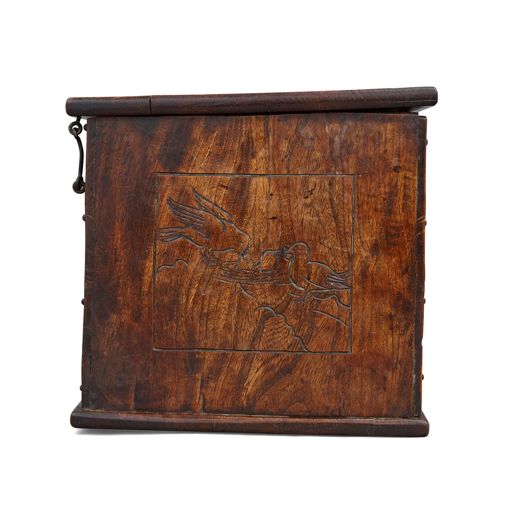 Antique Oak Engraved Chest For Sale 1