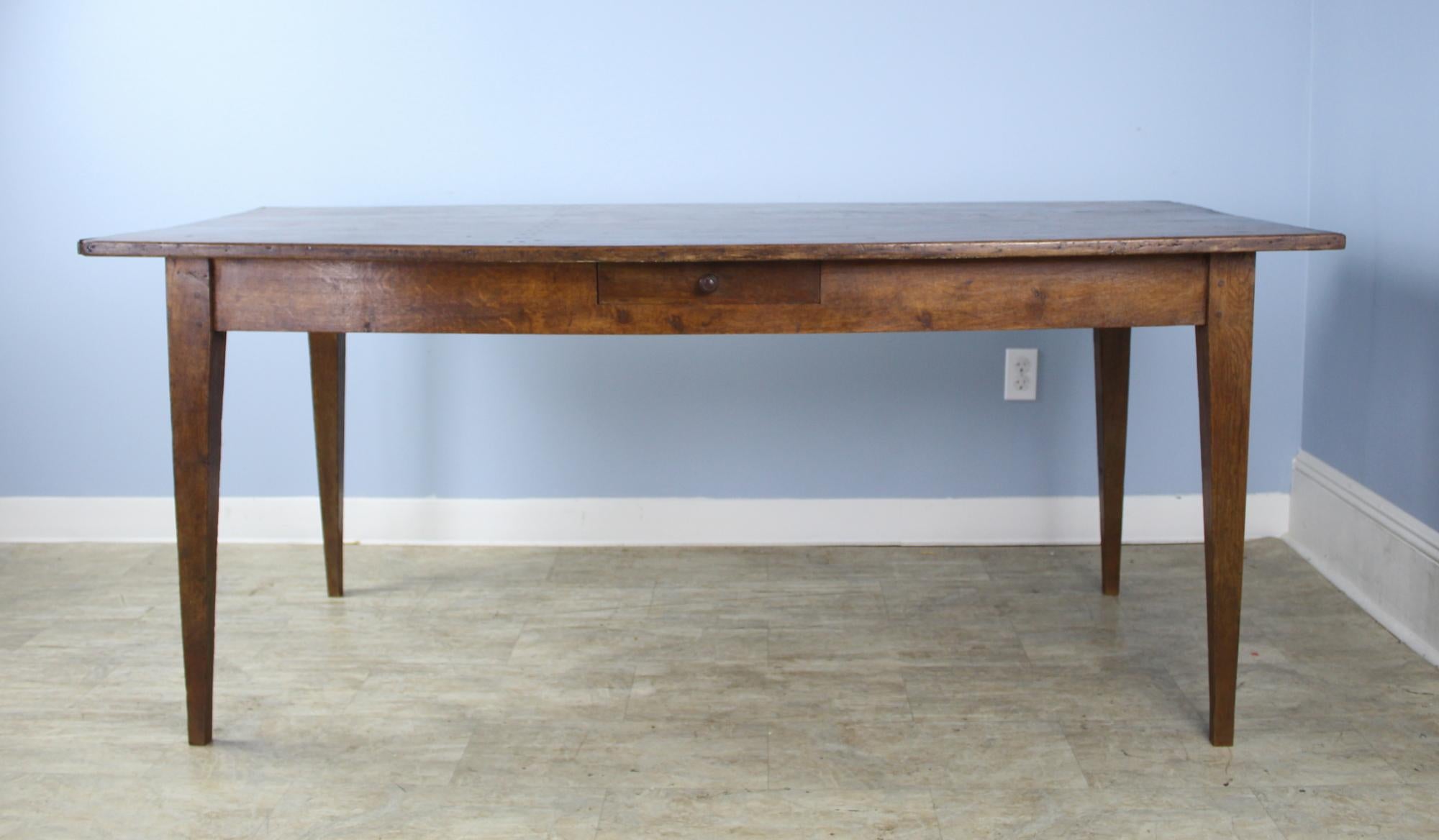French Antique Oak Farm Table with Decorative Edge and Single Drawer