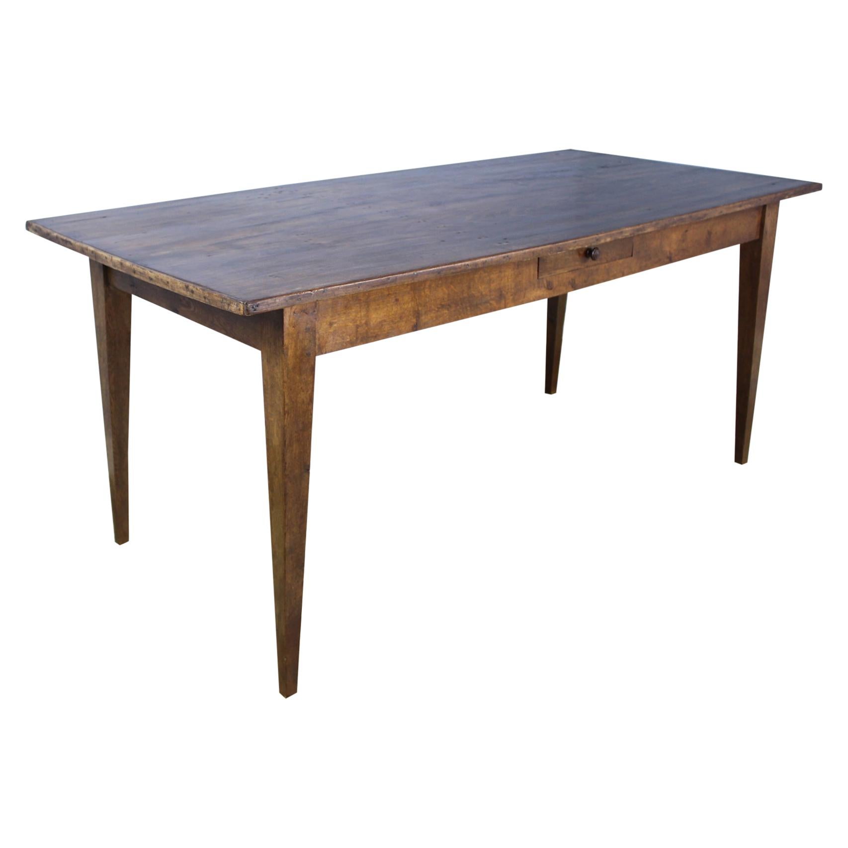 Antique Oak Farm Table with Decorative Edge and Single Drawer