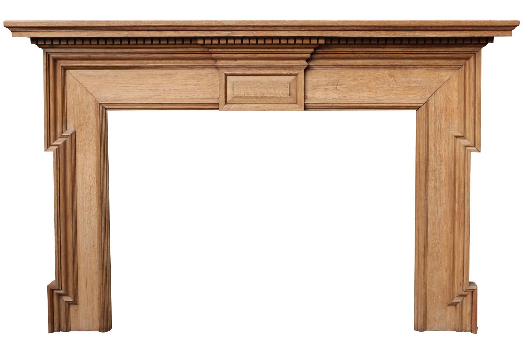 A large Edwardian period solid oak fire surround. Reclaimed from a house in Salisbury.

Measure: Opening Height 95 cm

Opening Width 130.5 cm

Width Between Outside of Legs 183.5 cm.