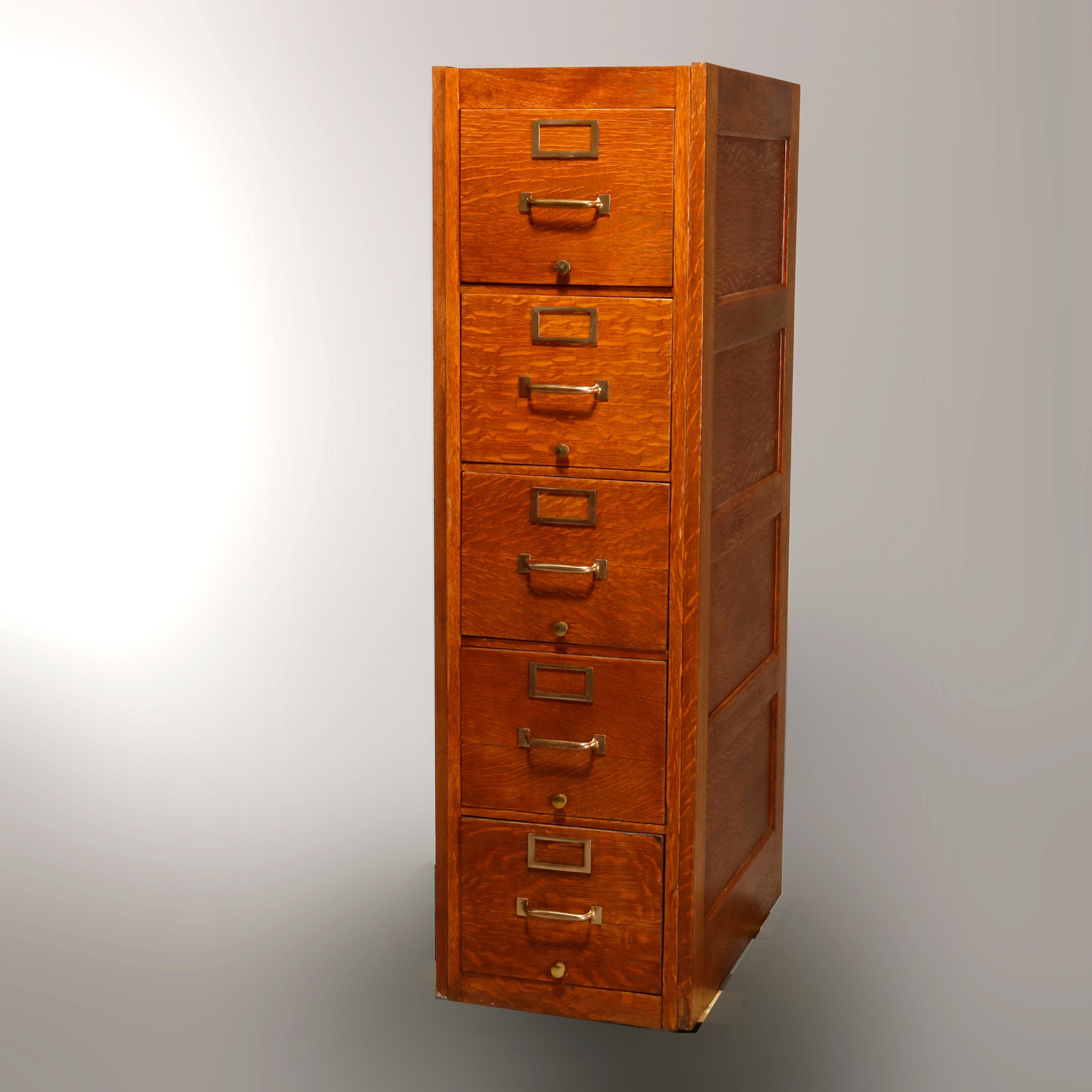 Metal Antique Oak Five-Drawer Paneled Filing Cabinet, circa 1900