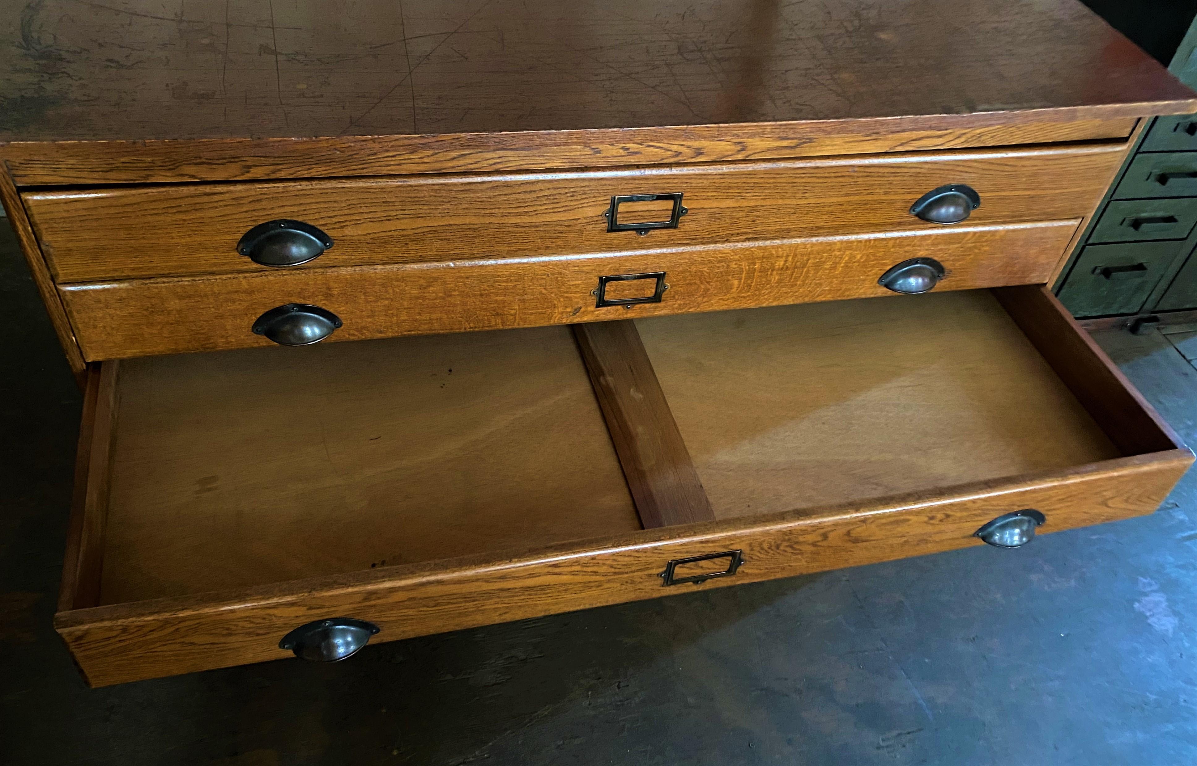 Brass Antique Oak Flat File Cabinet