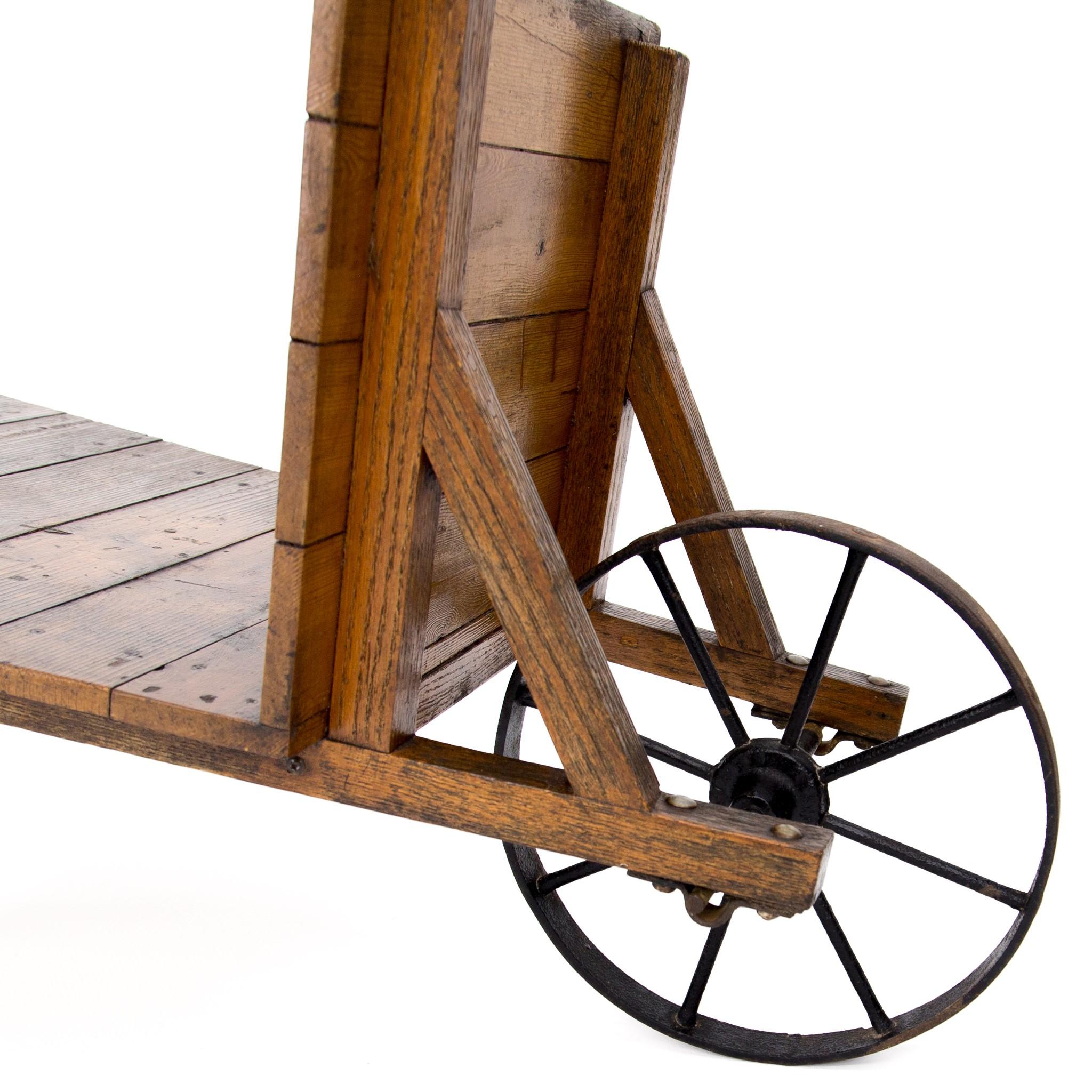 Antique Oak Flatbed Wheelbarrow with Iron Wheel 1