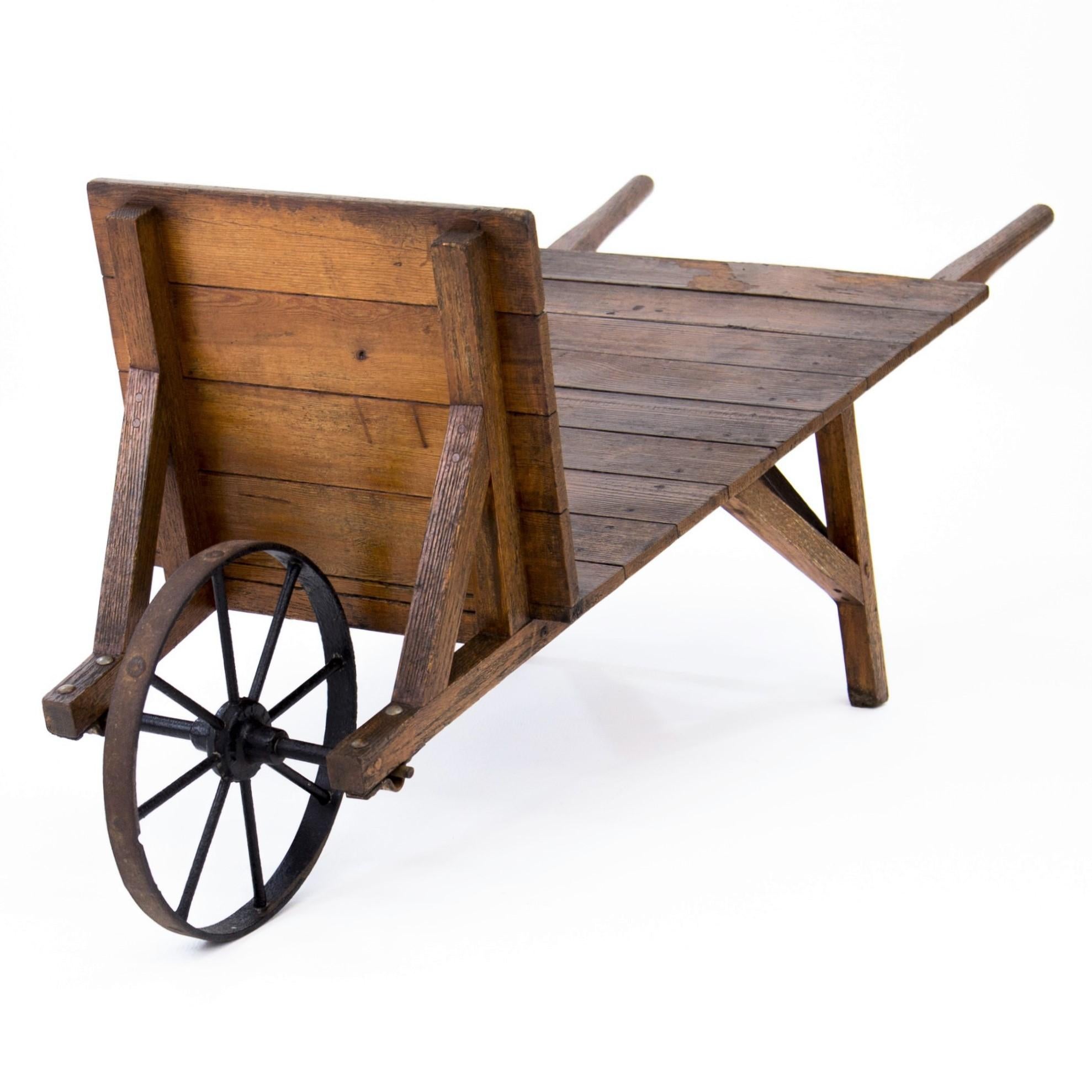 Antique Oak Flatbed Wheelbarrow with Iron Wheel 2