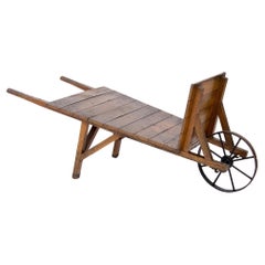Antique Oak Flatbed Wheelbarrow with Iron Wheel