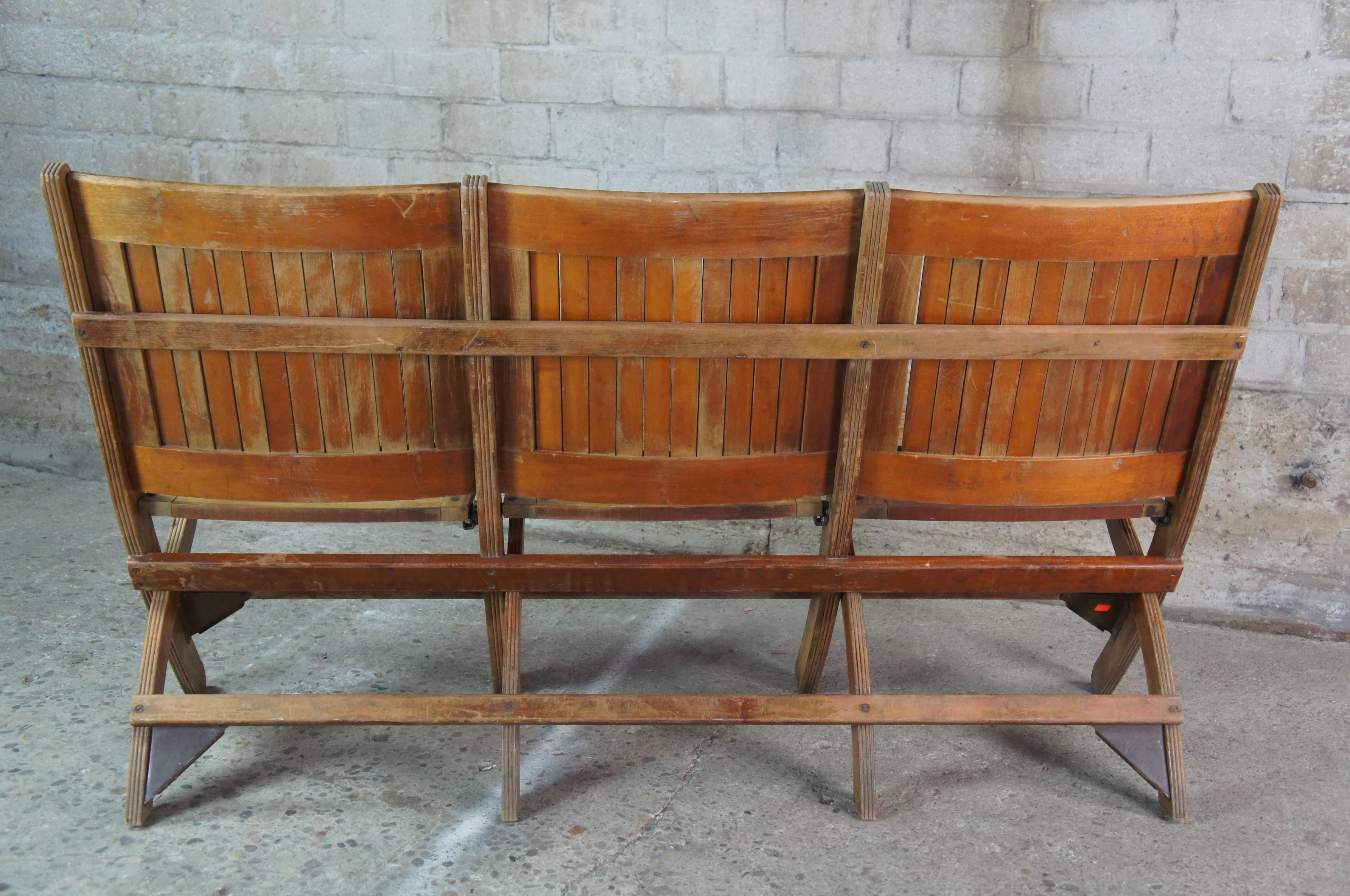 Antique Oak Folding Triple Bench Seat Pew Chair Tandem Stadium Theater 4