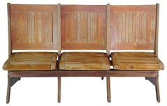 Antique Oak Folding Triple Bench Seat Pew Chair Tandem Stadium Theater