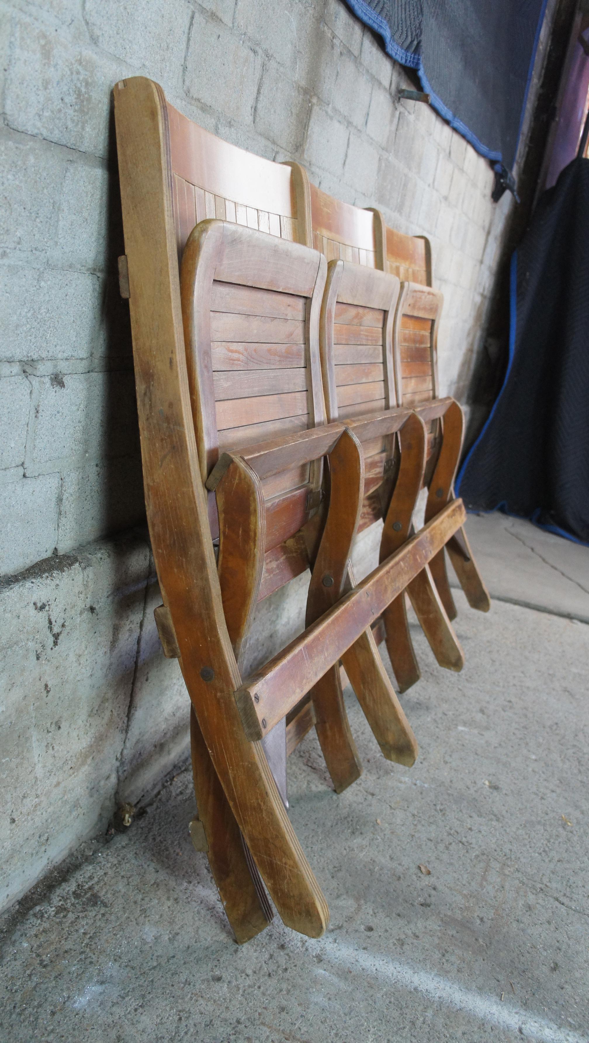 Rustic Antique Oak Folding Triple Bench Seat Pew Chair Tandem Stadium Theater