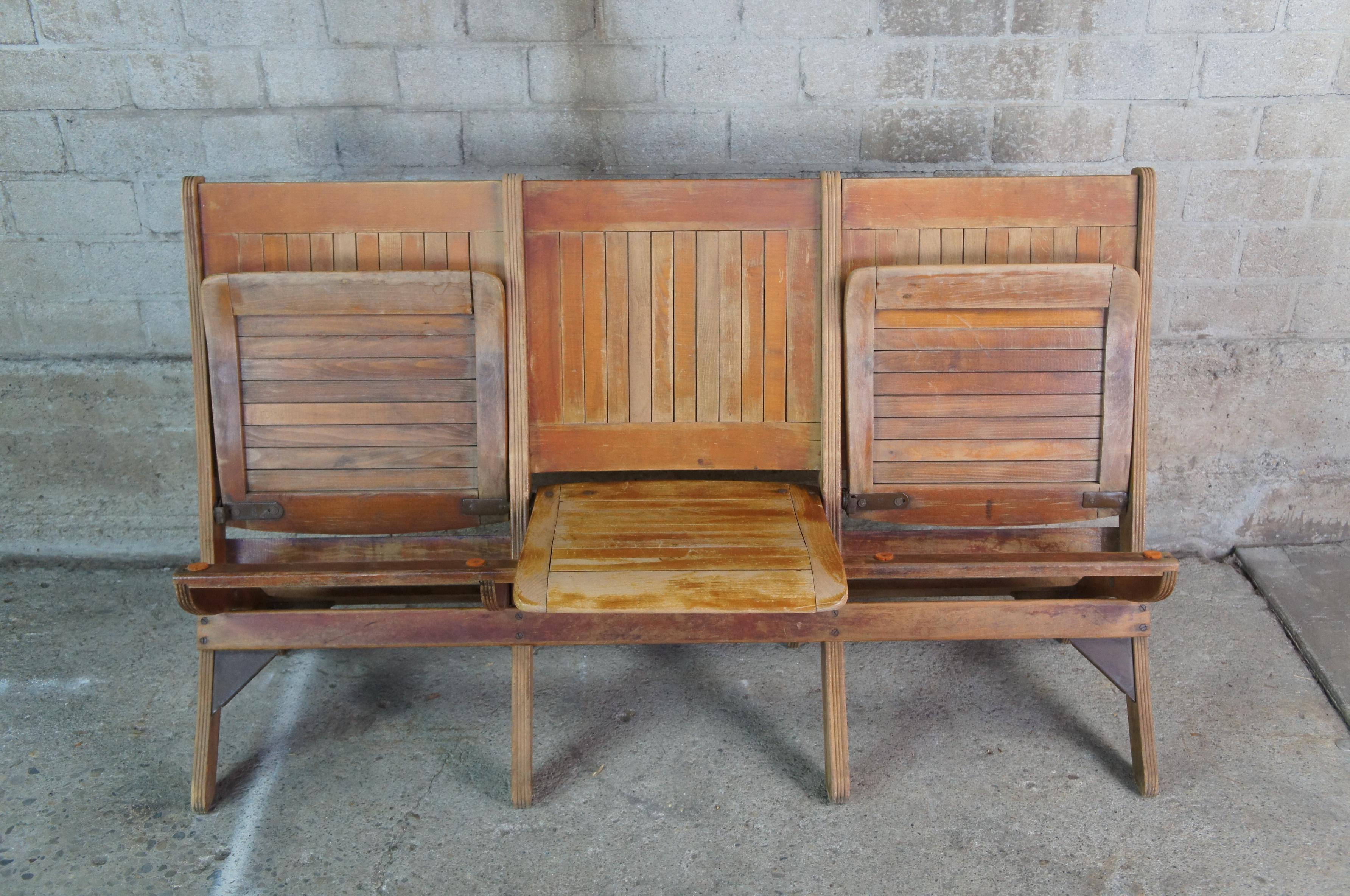 Antique Oak Folding Triple Bench Seat Pew Chair Tandem Stadium Theater In Good Condition In Dayton, OH