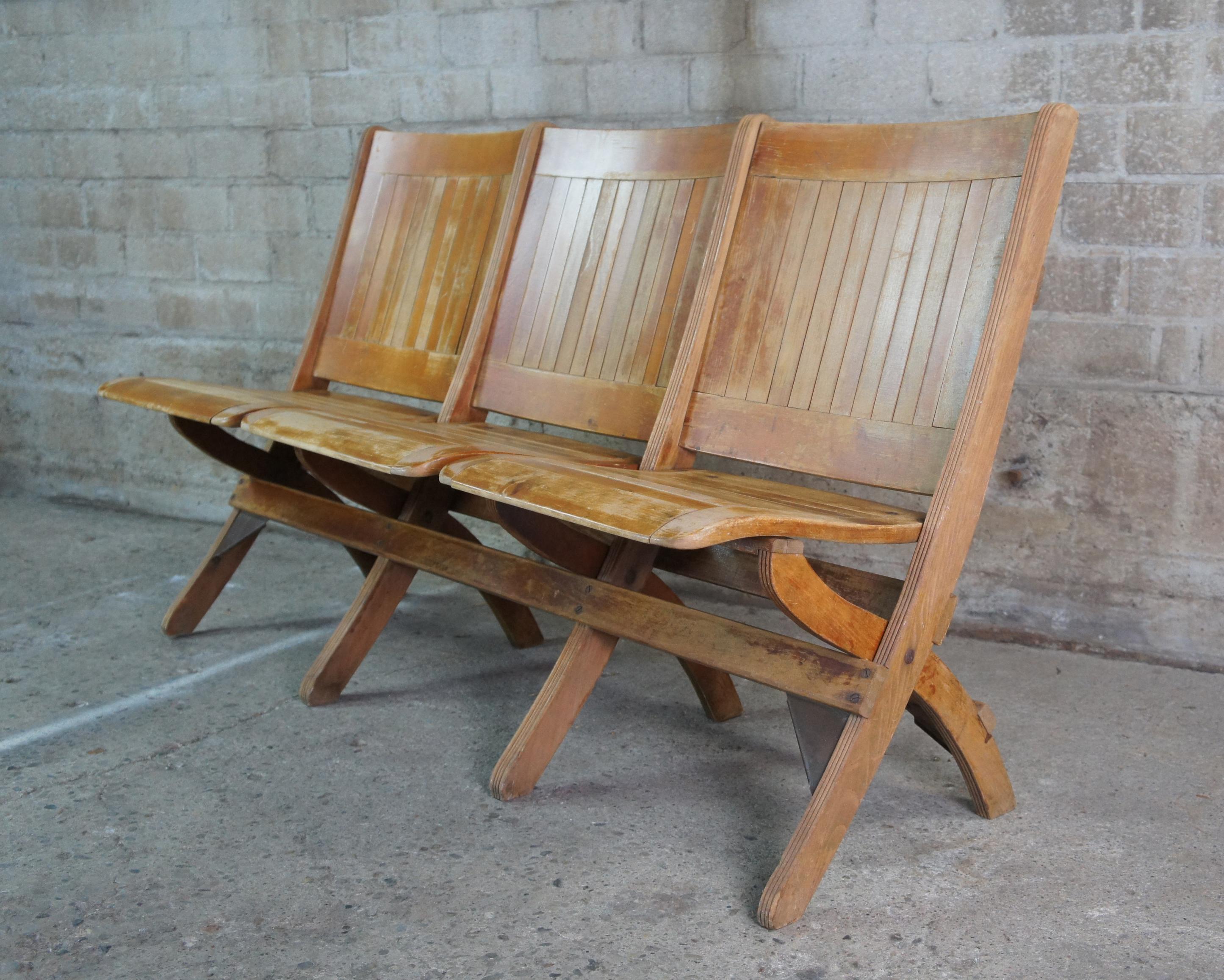 Antique Oak Folding Triple Bench Seat Pew Chair Tandem Stadium Theater 1