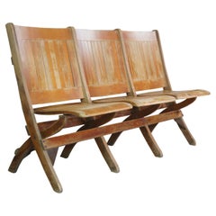 Antique Oak Folding Triple Bench Seat Pew Chair Tandem Stadium Theater