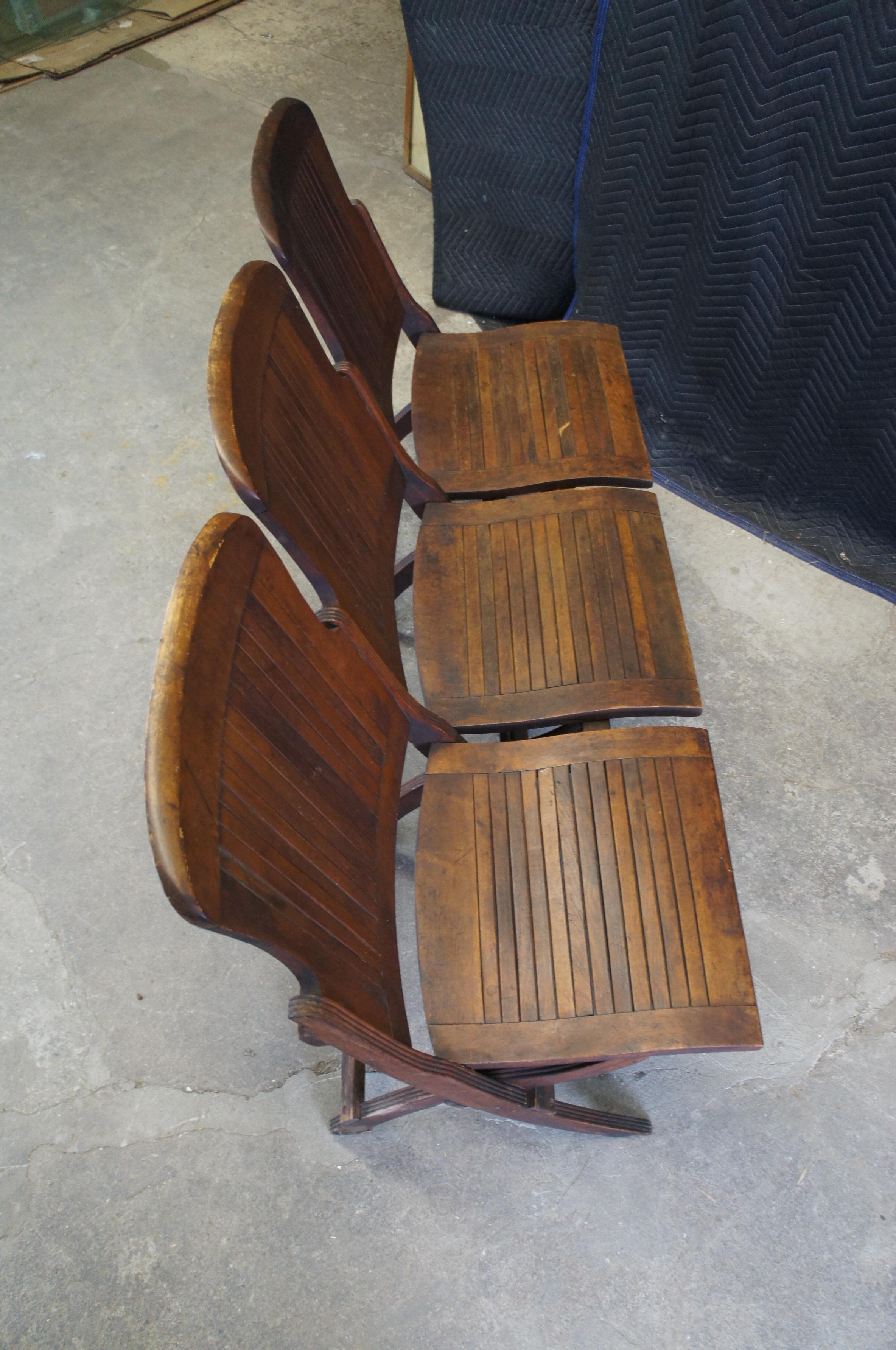 Antique Oak Folding Triple Chair Bench Seat Pew Tandem Stadium School Theater  5