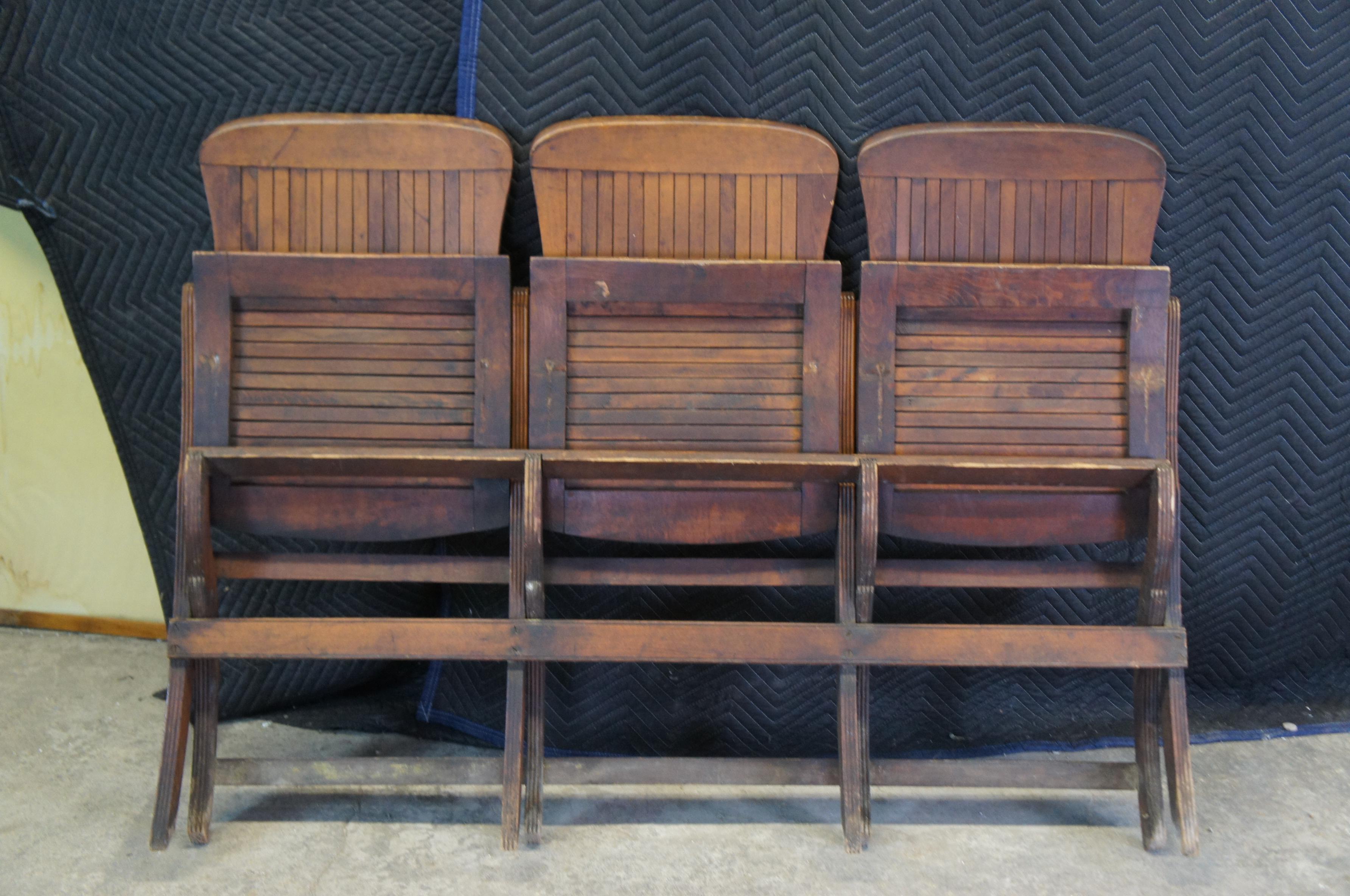 Antique Oak Folding Triple Chair Bench Seat Pew Tandem Stadium School Theater  6