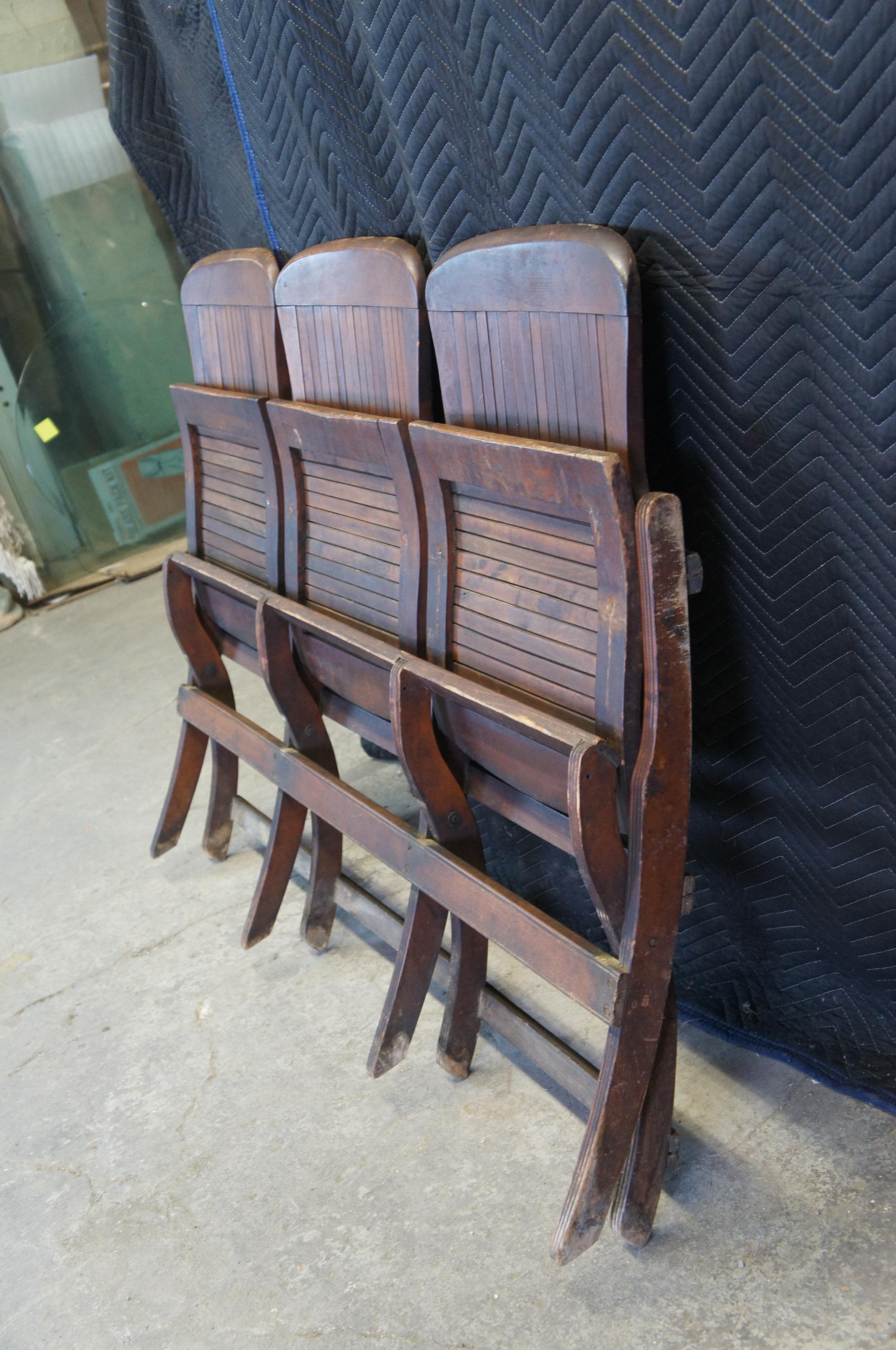 Antique Oak Folding Triple Chair Bench Seat Pew Tandem Stadium School Theater  7