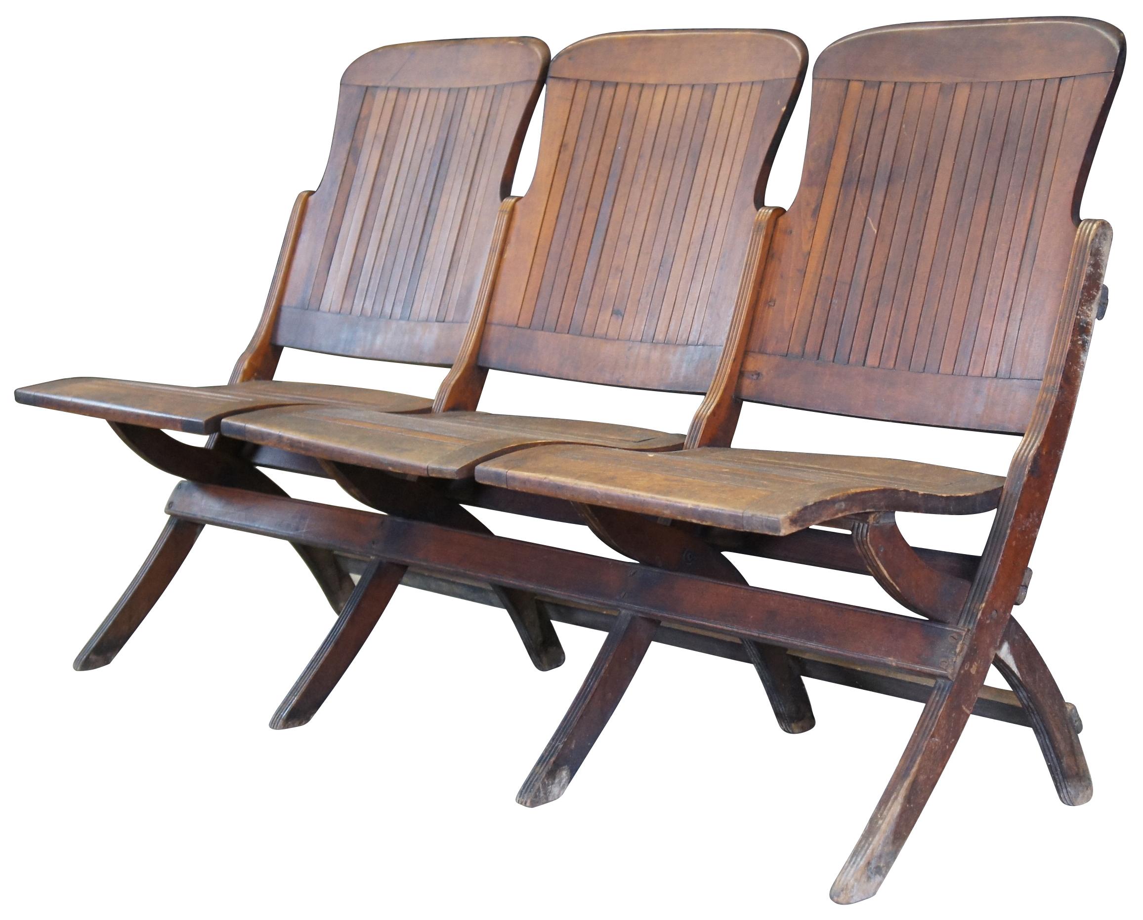 Mission Antique Oak Folding Triple Chair Bench Seat Pew Tandem Stadium School Theater 