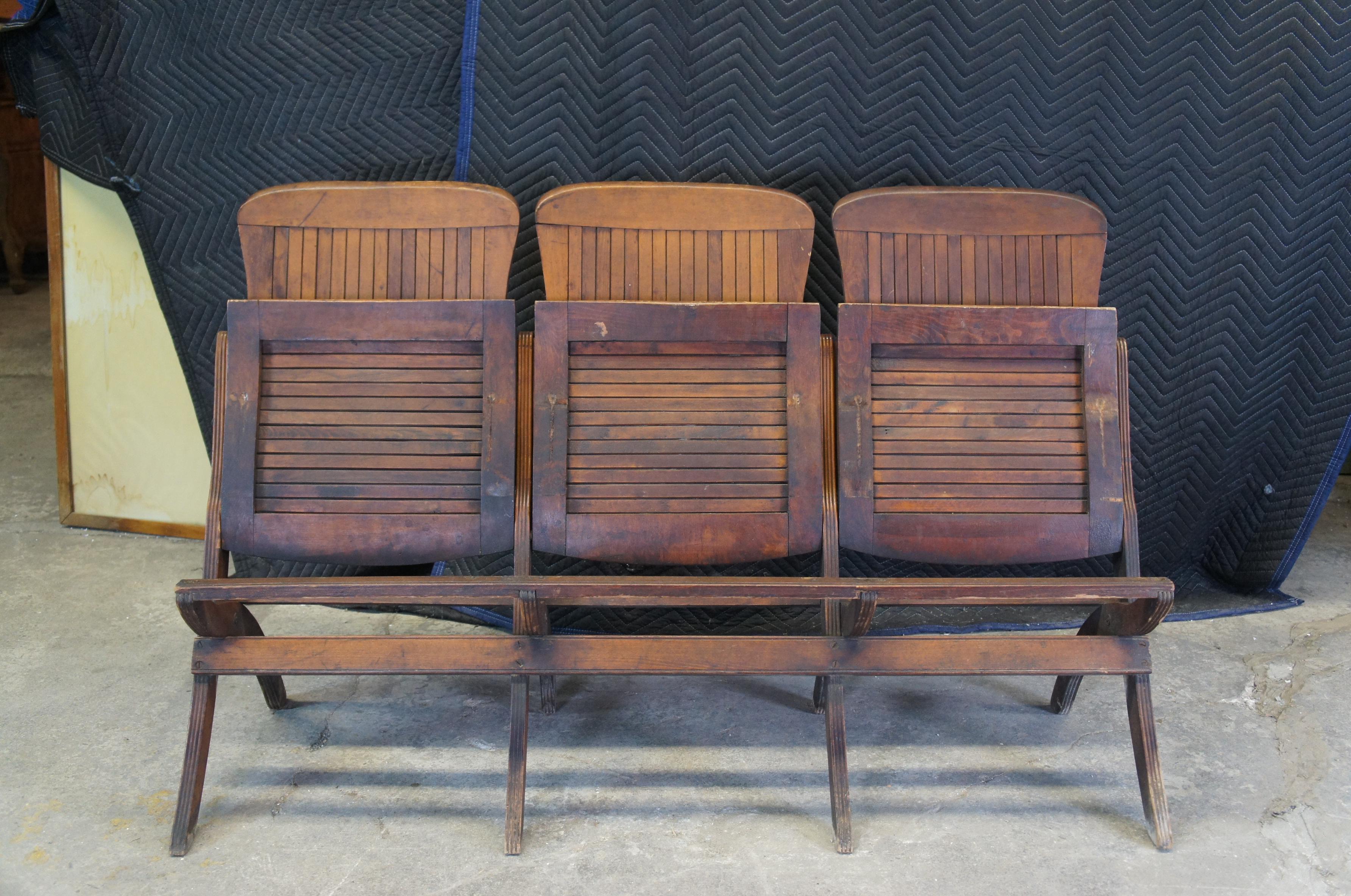 19th Century Antique Oak Folding Triple Chair Bench Seat Pew Tandem Stadium School Theater 