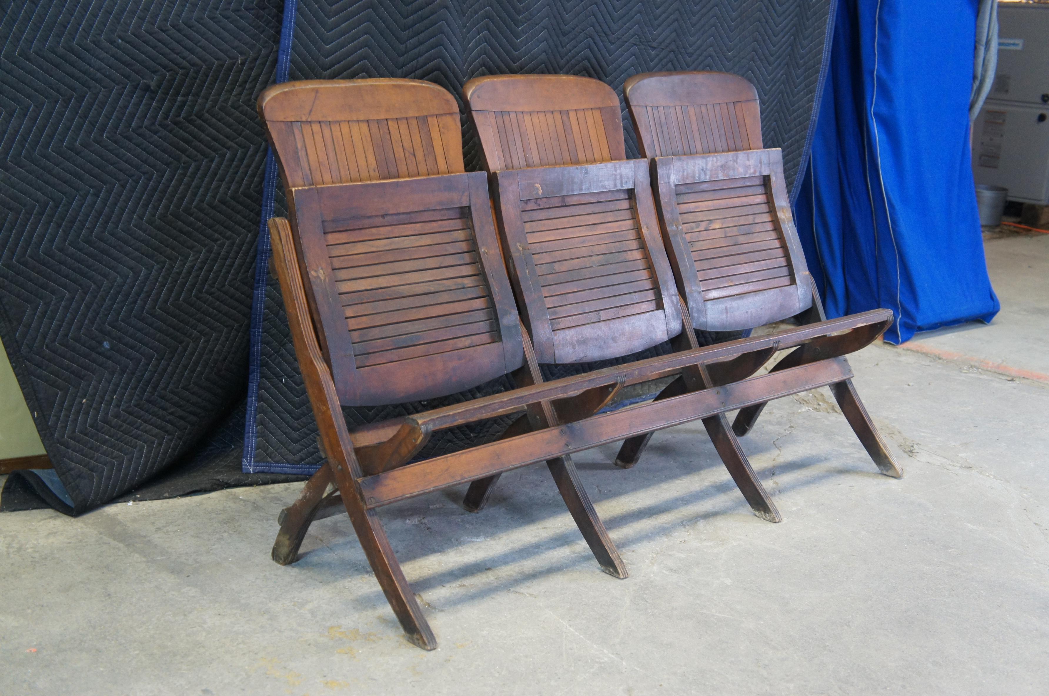 Antique Oak Folding Triple Chair Bench Seat Pew Tandem Stadium School Theater  1