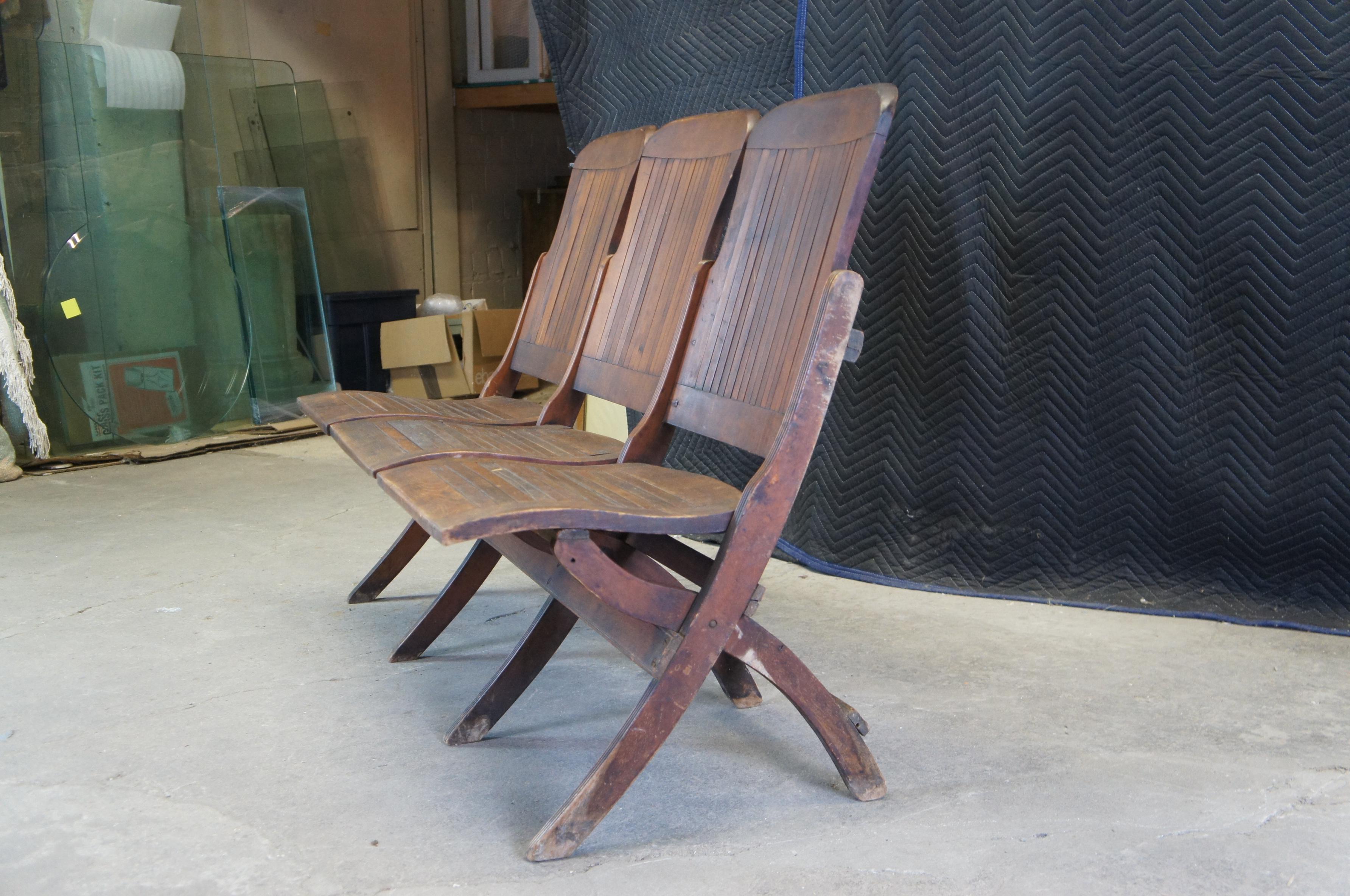 Antique Oak Folding Triple Chair Bench Seat Pew Tandem Stadium School Theater  2