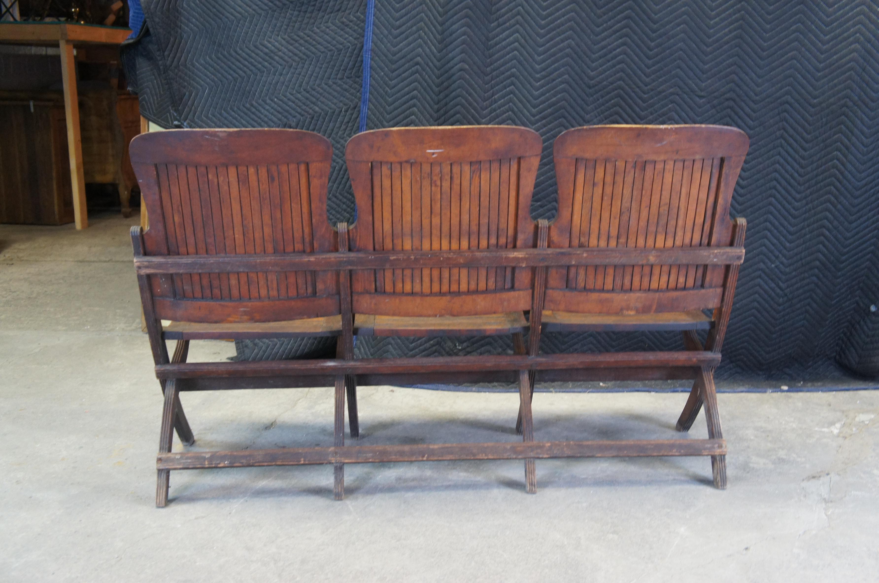 Antique Oak Folding Triple Chair Bench Seat Pew Tandem Stadium School Theater  3