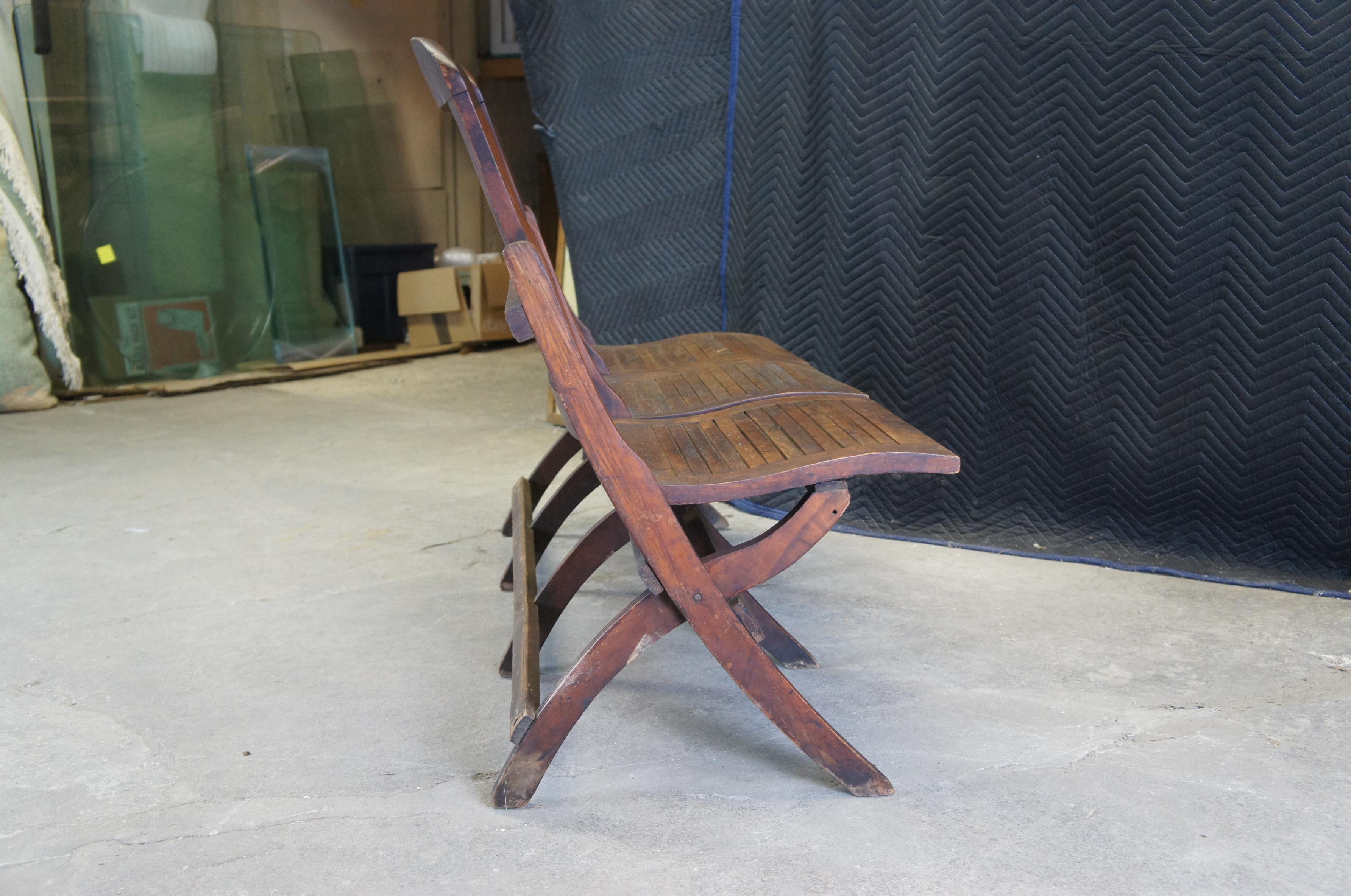 Antique Oak Folding Triple Chair Bench Seat Pew Tandem Stadium School Theater  4
