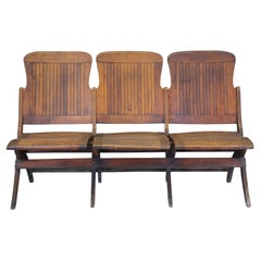 Antique Oak Folding Triple Chair Bench Seat Pew Tandem Stadium School Theater 