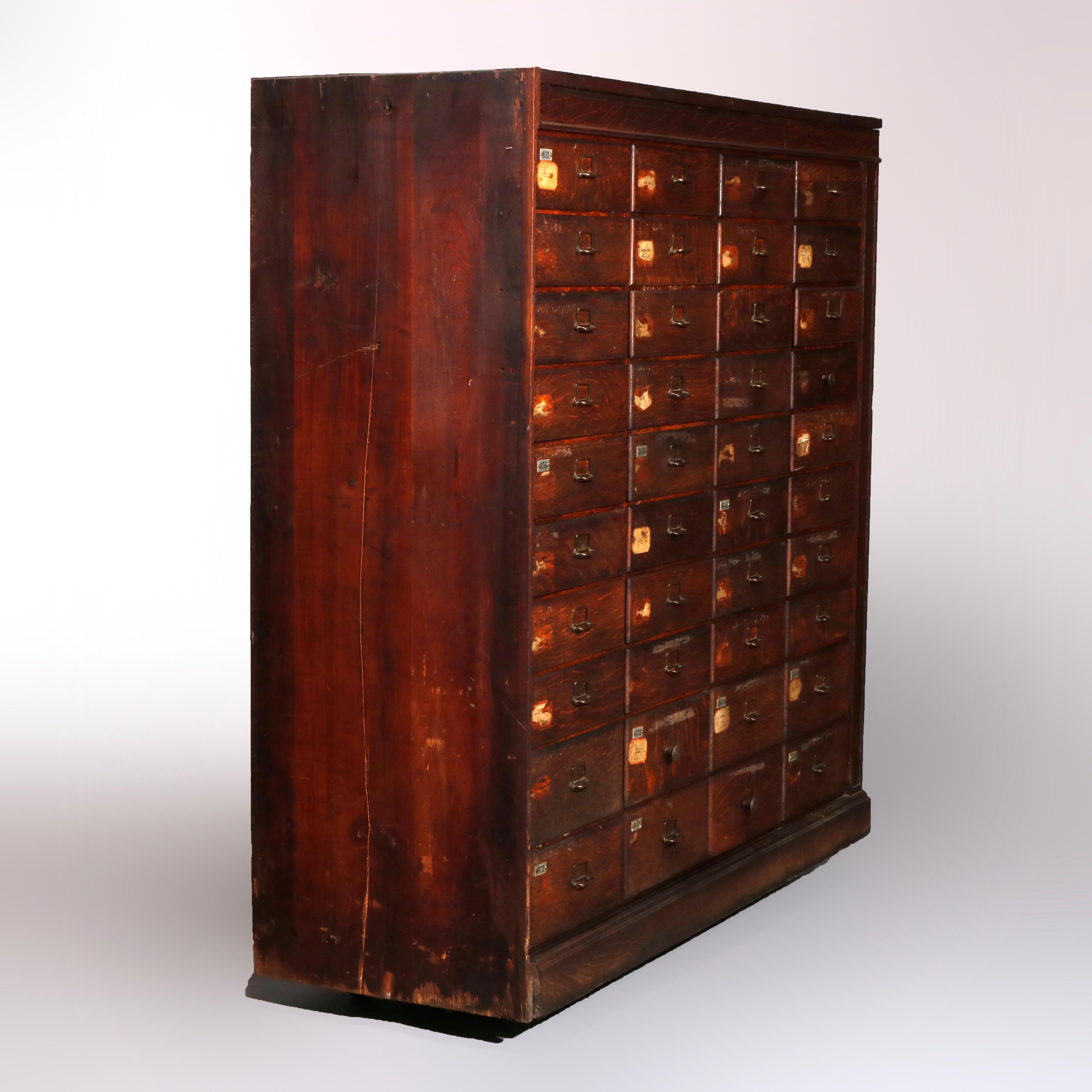 Antique Oak Forty-Drawer Country Store or Library Card Filing Cabinet, C 1900 In Good Condition In Big Flats, NY