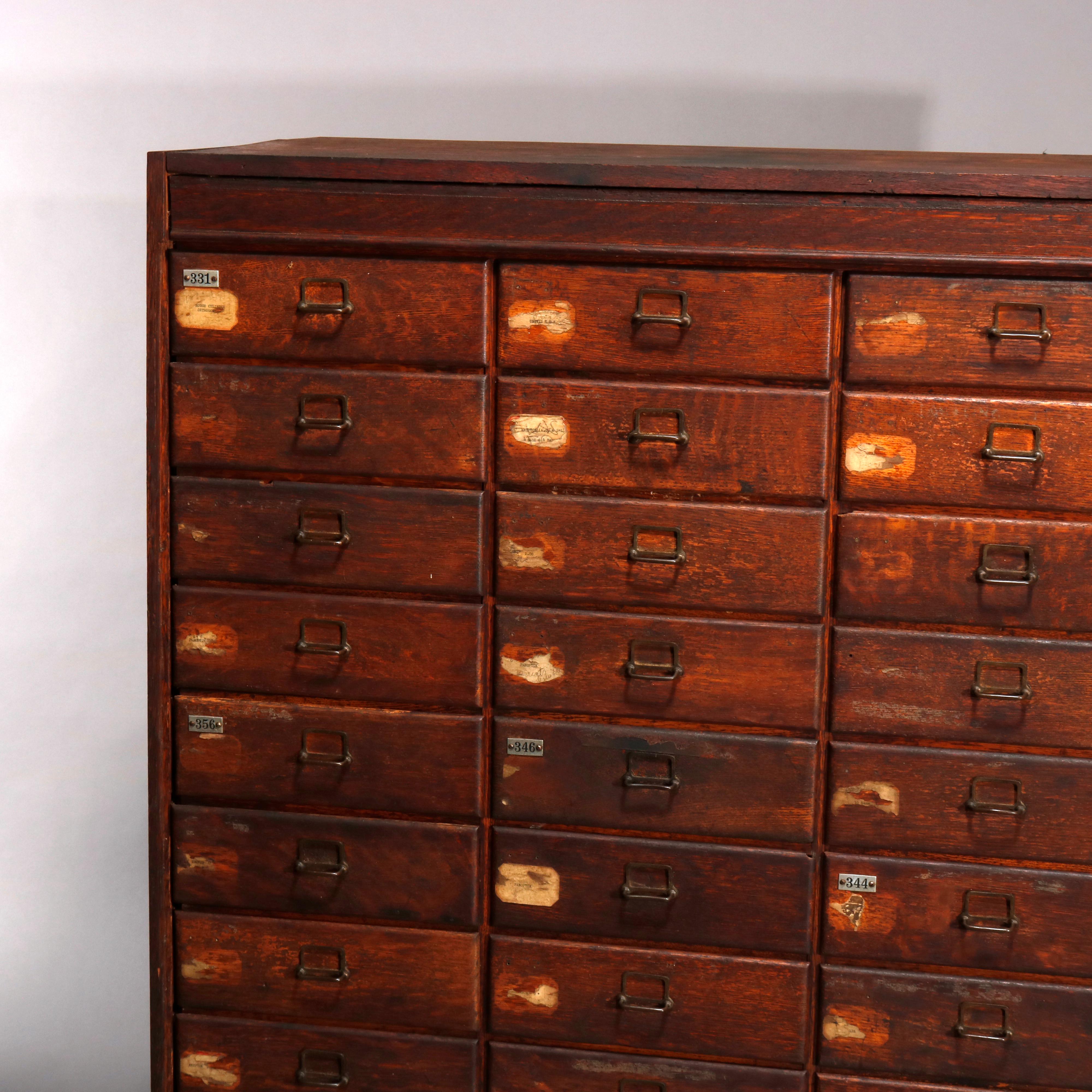 20th Century Antique Oak Forty-Drawer Country Store or Library Card Filing Cabinet, C 1900