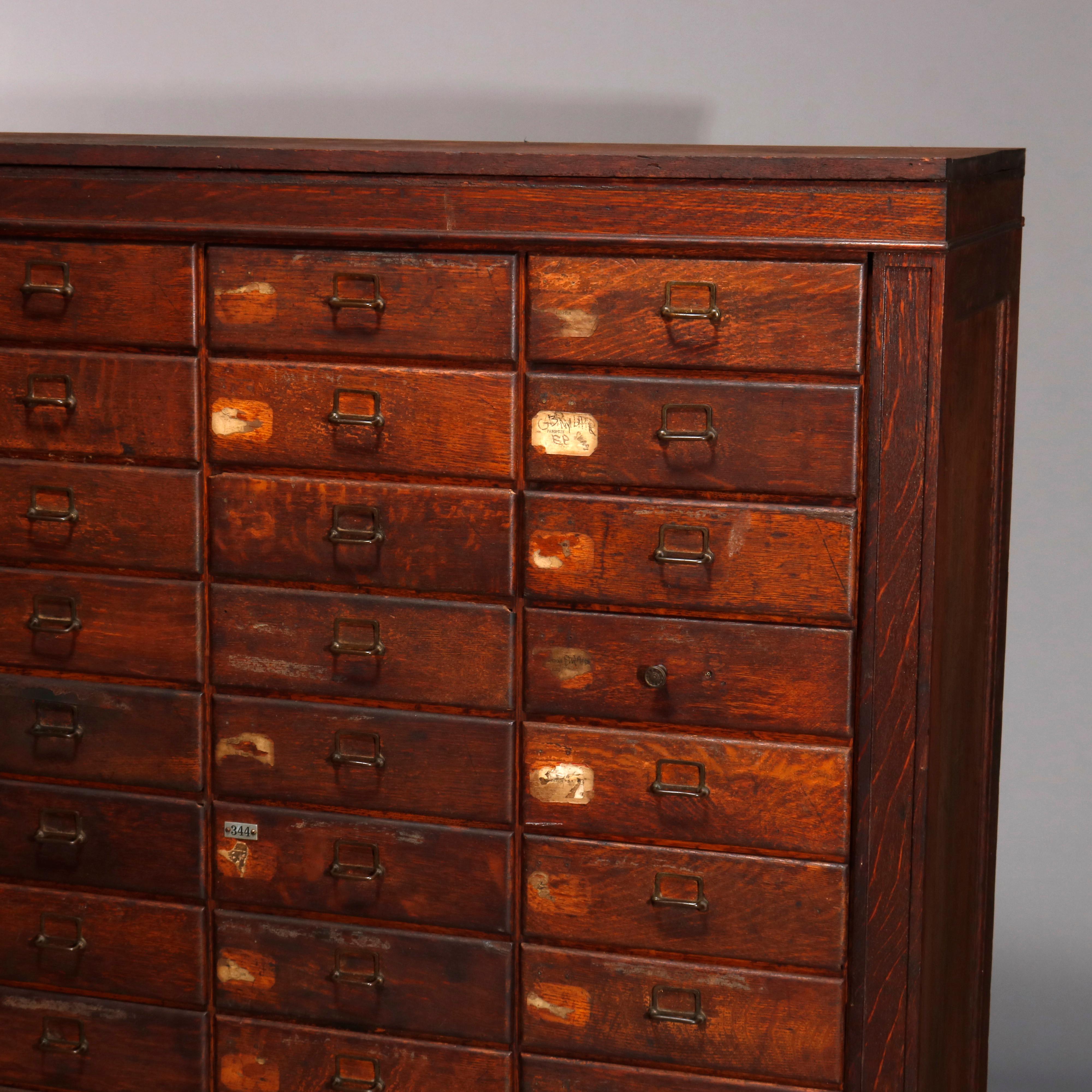 Antique Oak Forty-Drawer Country Store or Library Card Filing Cabinet, C 1900 1