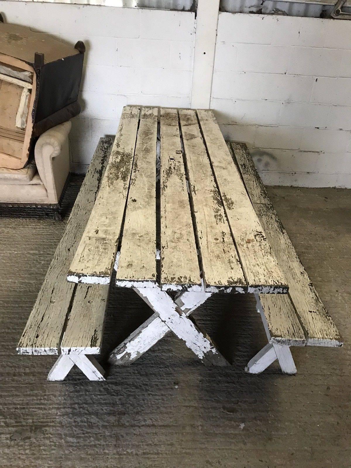 This is a beautiful French table and benches in original condition. Fantastic age and patina, second to none! The top oozes patina and has lovely age to it. All the paint is original and is the talking point of this fabulous table. The benches are