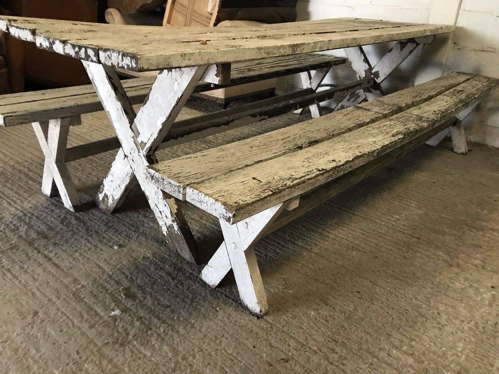 19th Century Antique Oak French Farm Garden Table and Two Benches, Original For Sale