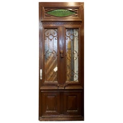 Antique Oak, Glass and Iron Work Door with Transom