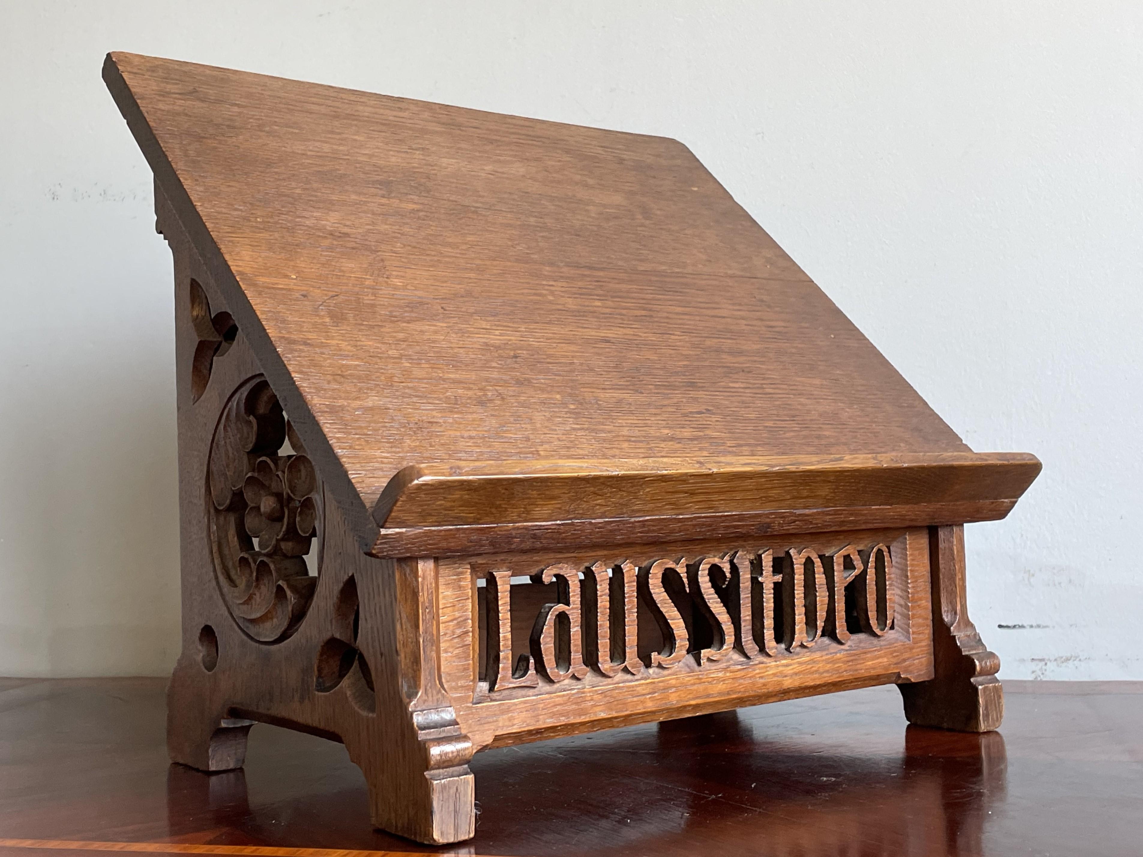 19th Century Antique Oak Gothic Church Bible / Book Stand with Open Carved Text Laus Sit Deo For Sale