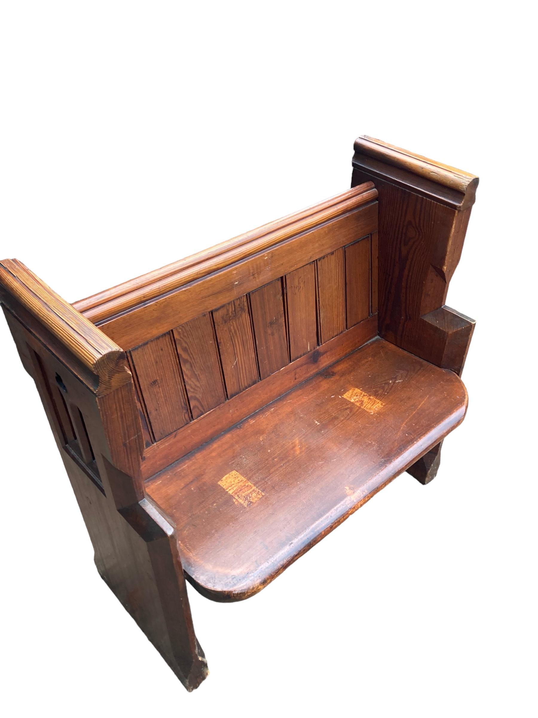 British Antique Oak Gothic style Church pew in Original Conditionwith numbers 44 on side