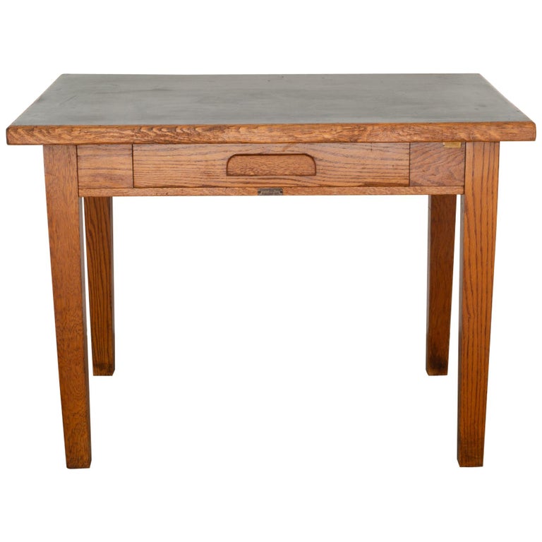 Antique Oak Gunnlino Top Desk With Inlaid Black Linoleum Top