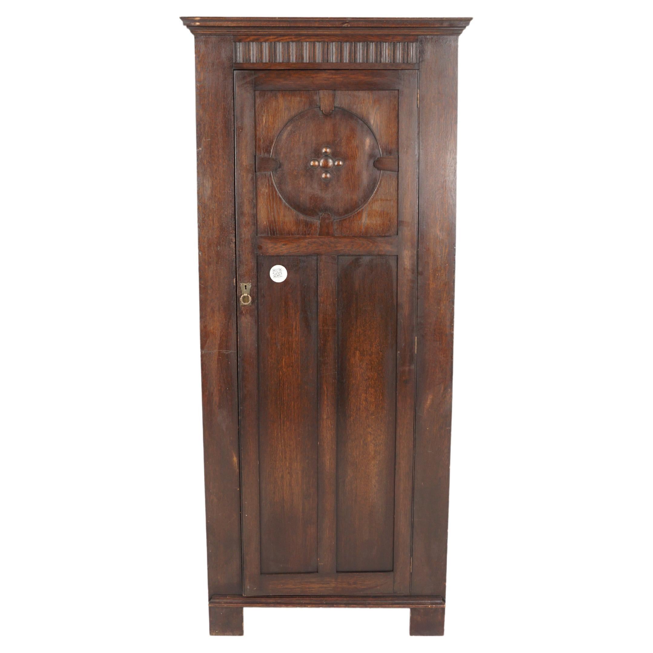 Antique Oak Hall Armoire, Closet, Arts + Crafts, Scotland 1910
