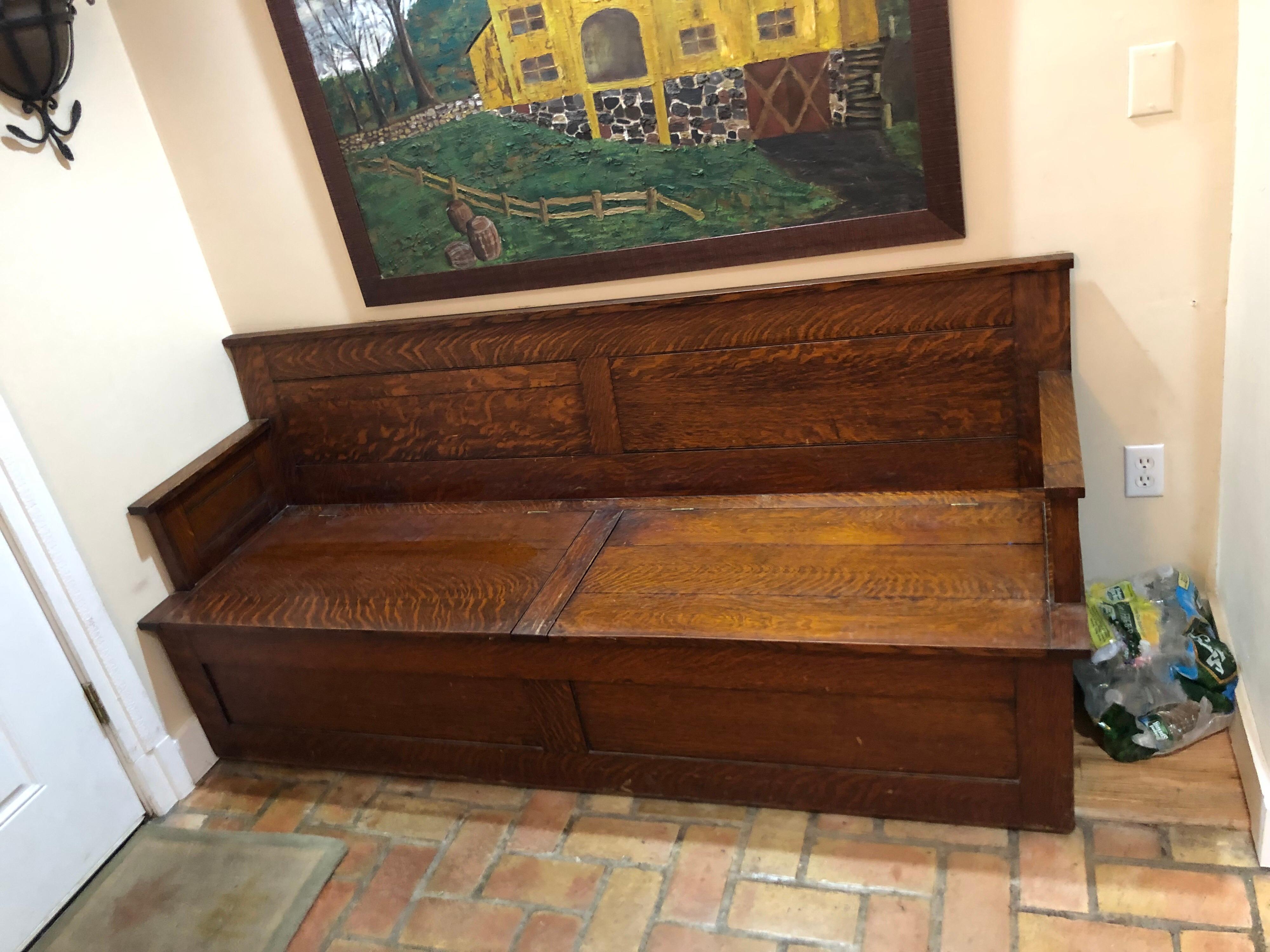 Antique Oak Hall Bench with Cushions and Storage 3