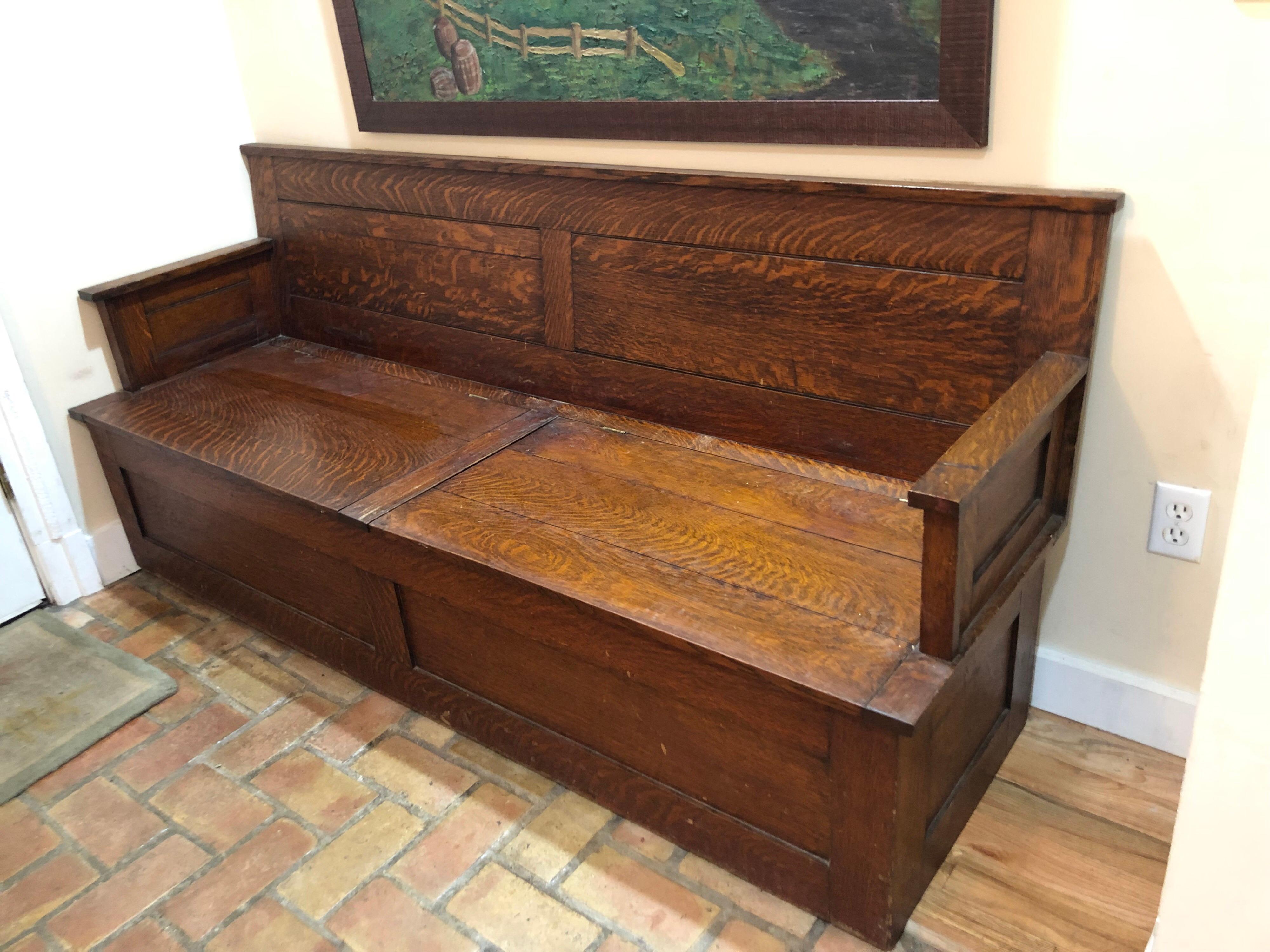 Antique Oak Hall Bench with Cushions and Storage 4